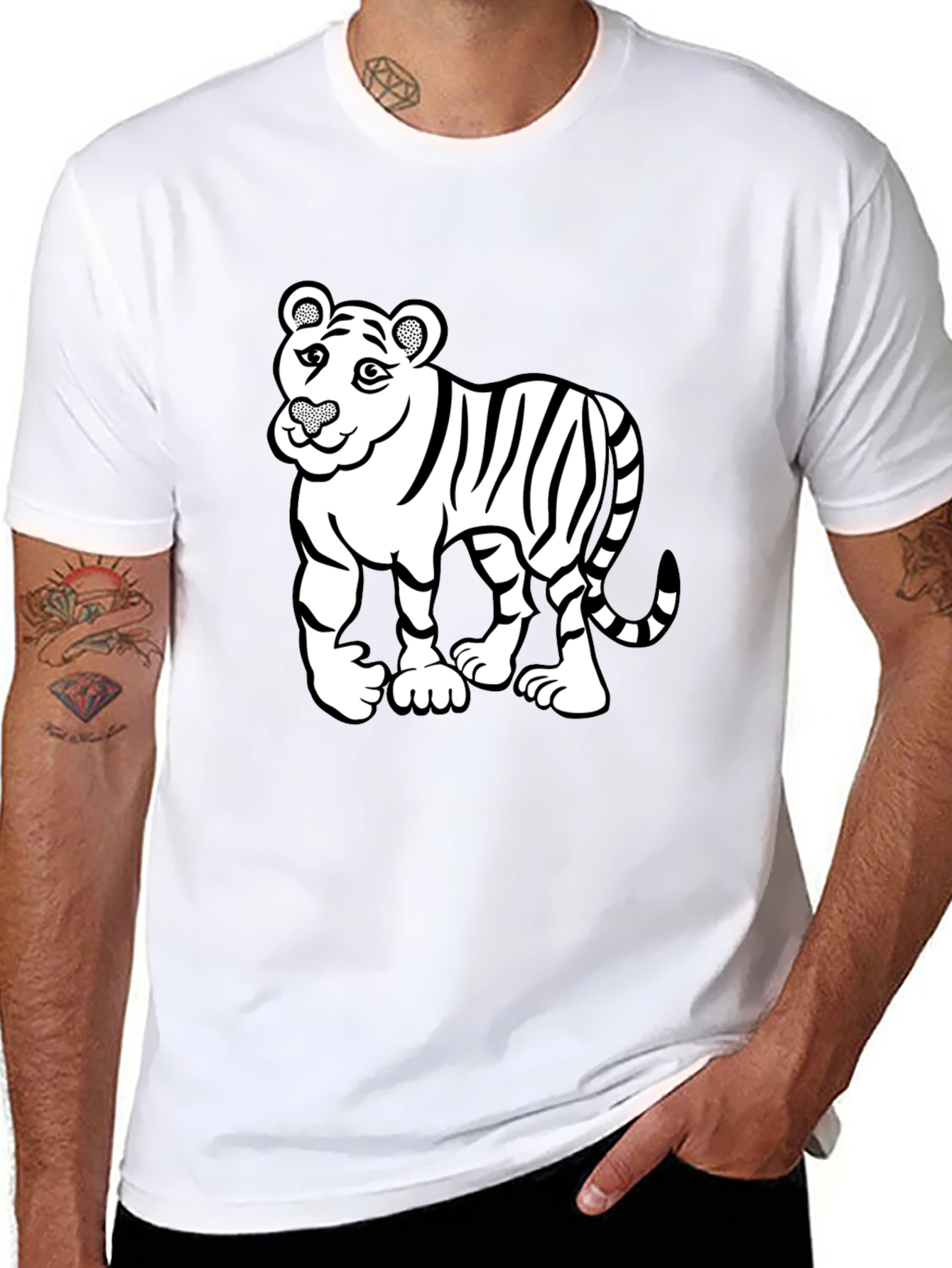 Cartoon Tiger Graphic Print Mens Black T-Shirt