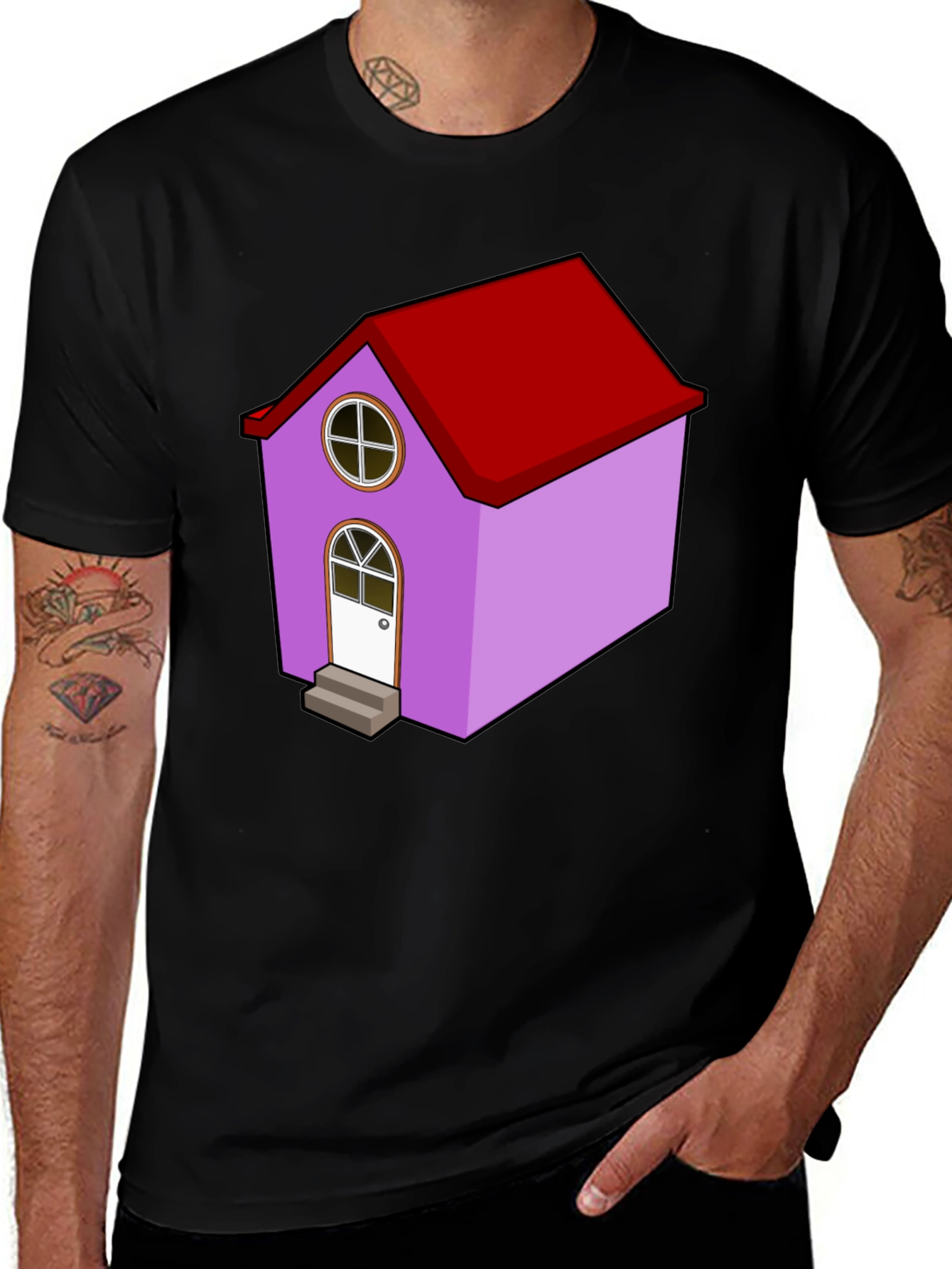 Cartoon House Graphic Tee - Quirky Black T-Shirt