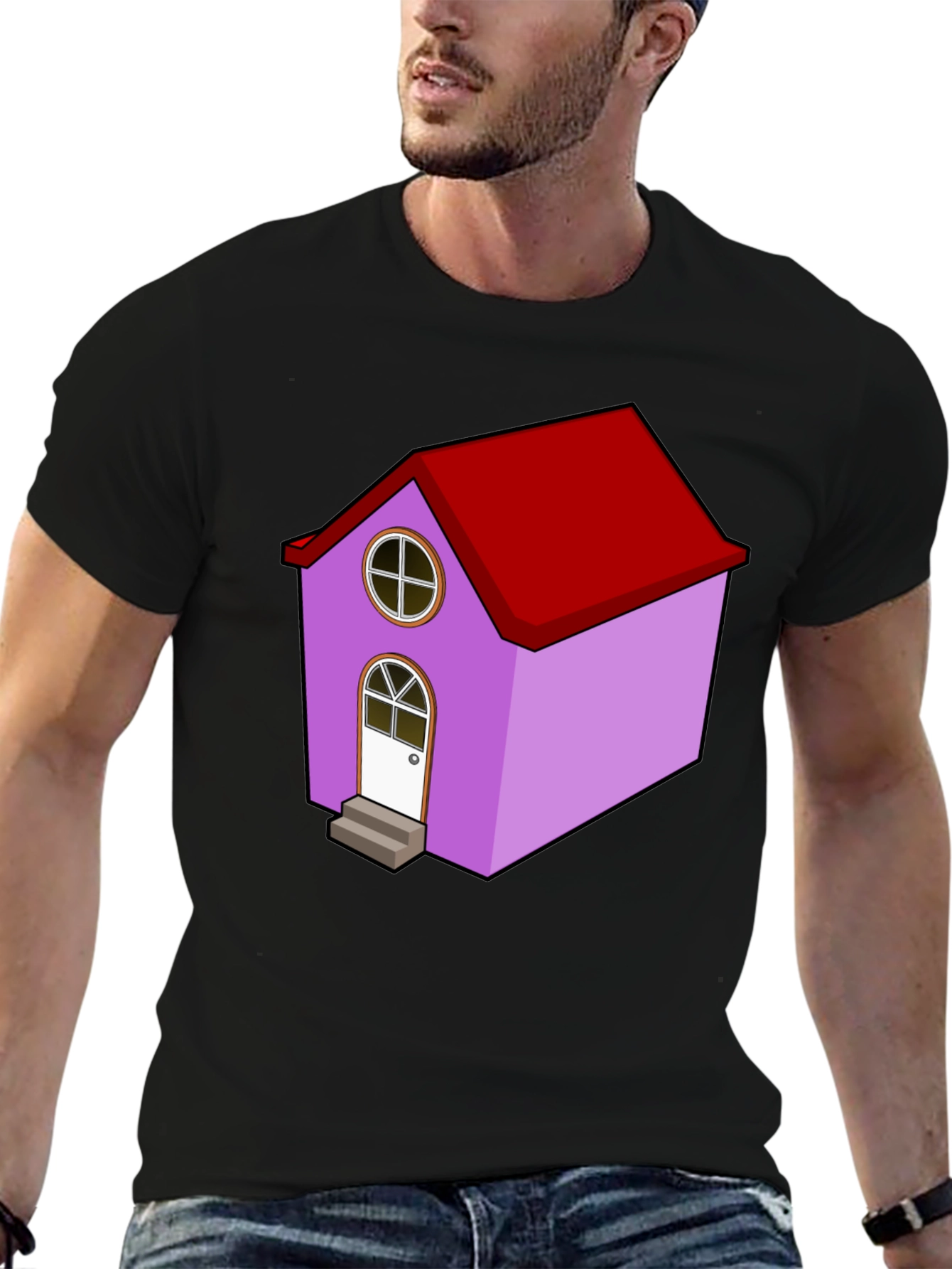 Cartoon House Graphic Tee - Quirky Black T-Shirt