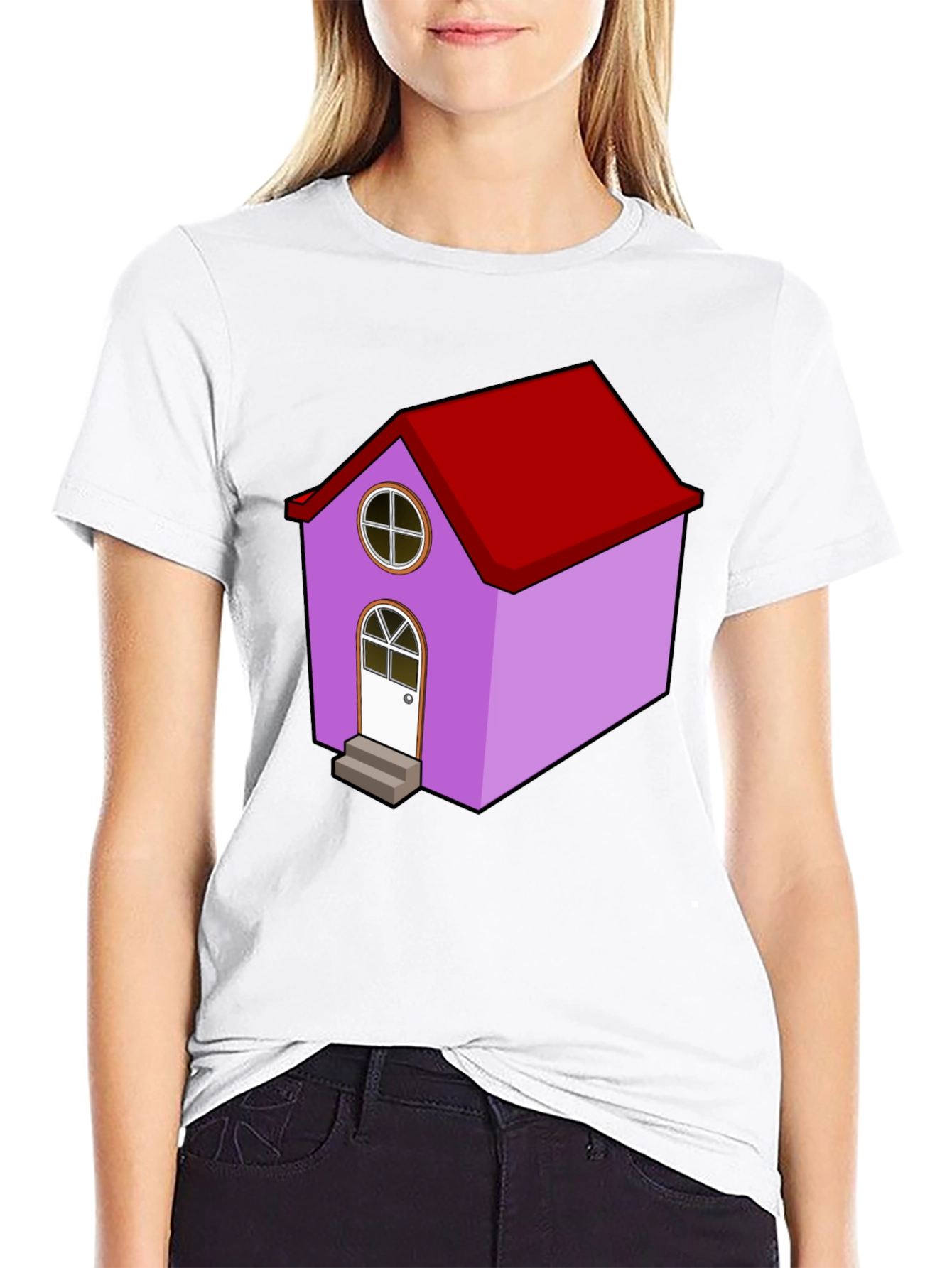 Cartoon House Graphic Tee - Quirky Black T-Shirt