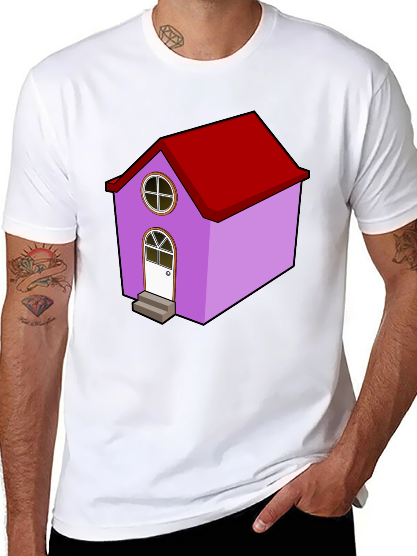 Cartoon House Graphic Tee - Quirky Black T-Shirt