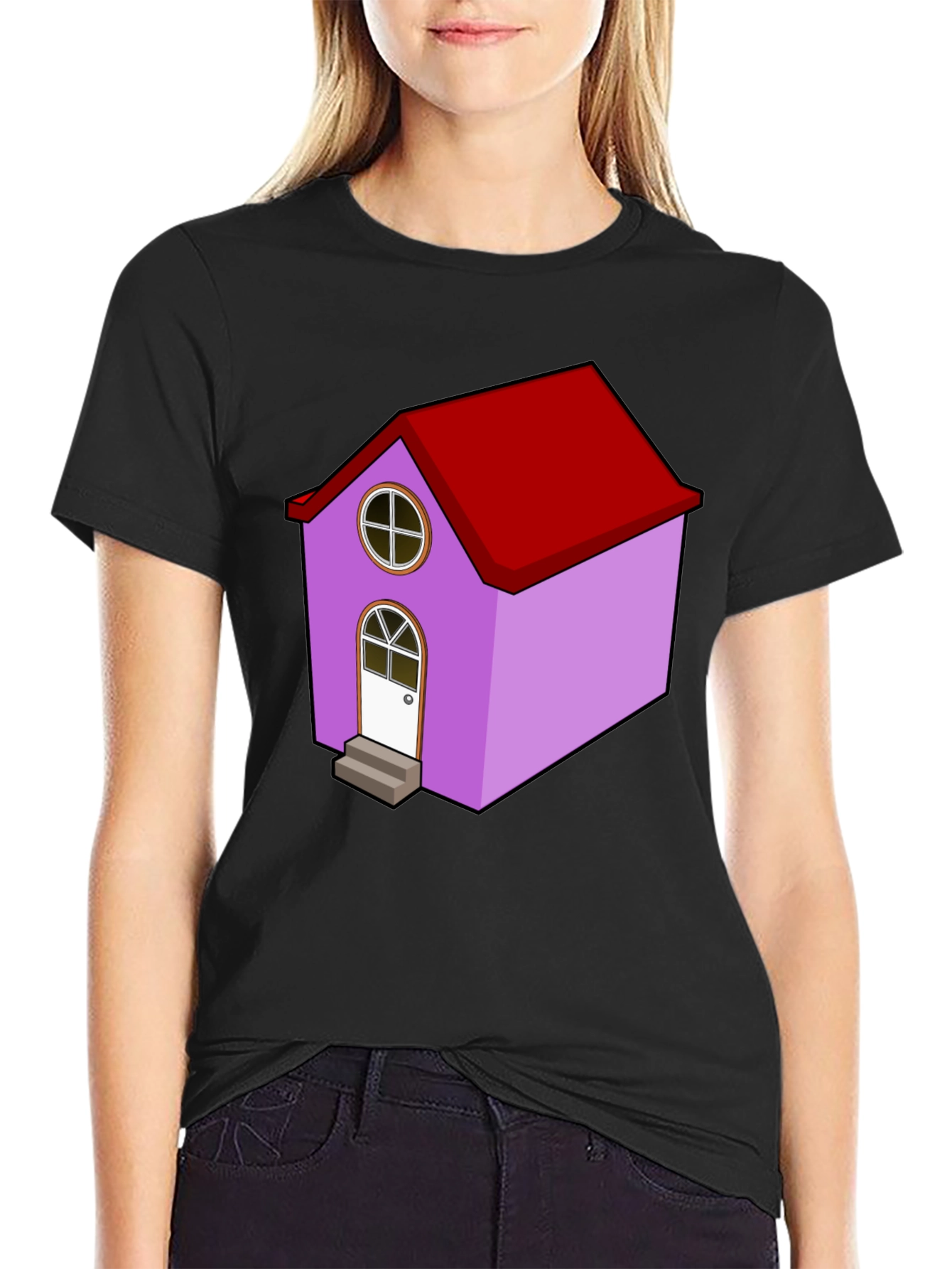 Cartoon House Graphic Tee - Quirky Black T-Shirt