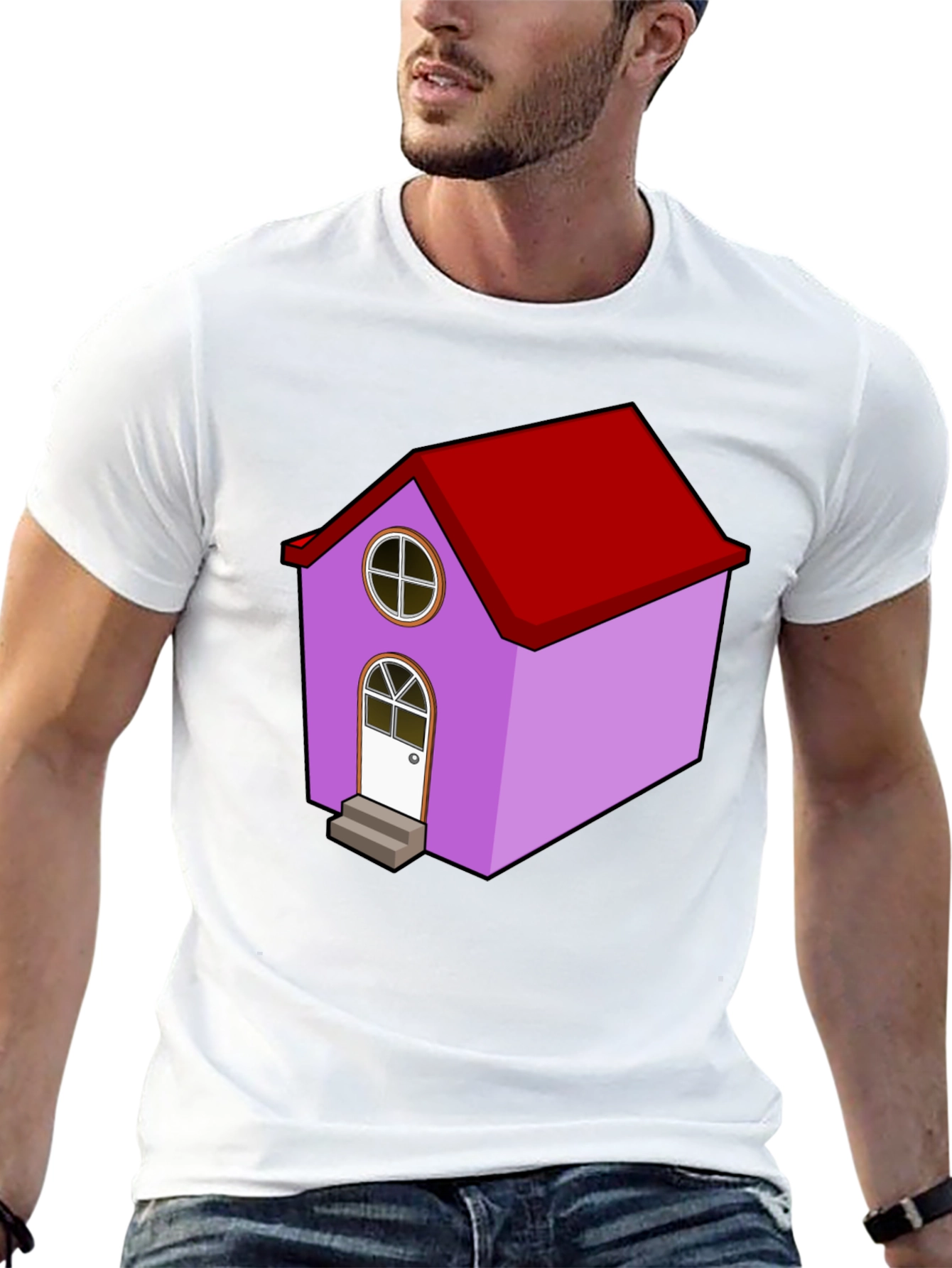 Cartoon House Graphic Tee - Quirky Black T-Shirt