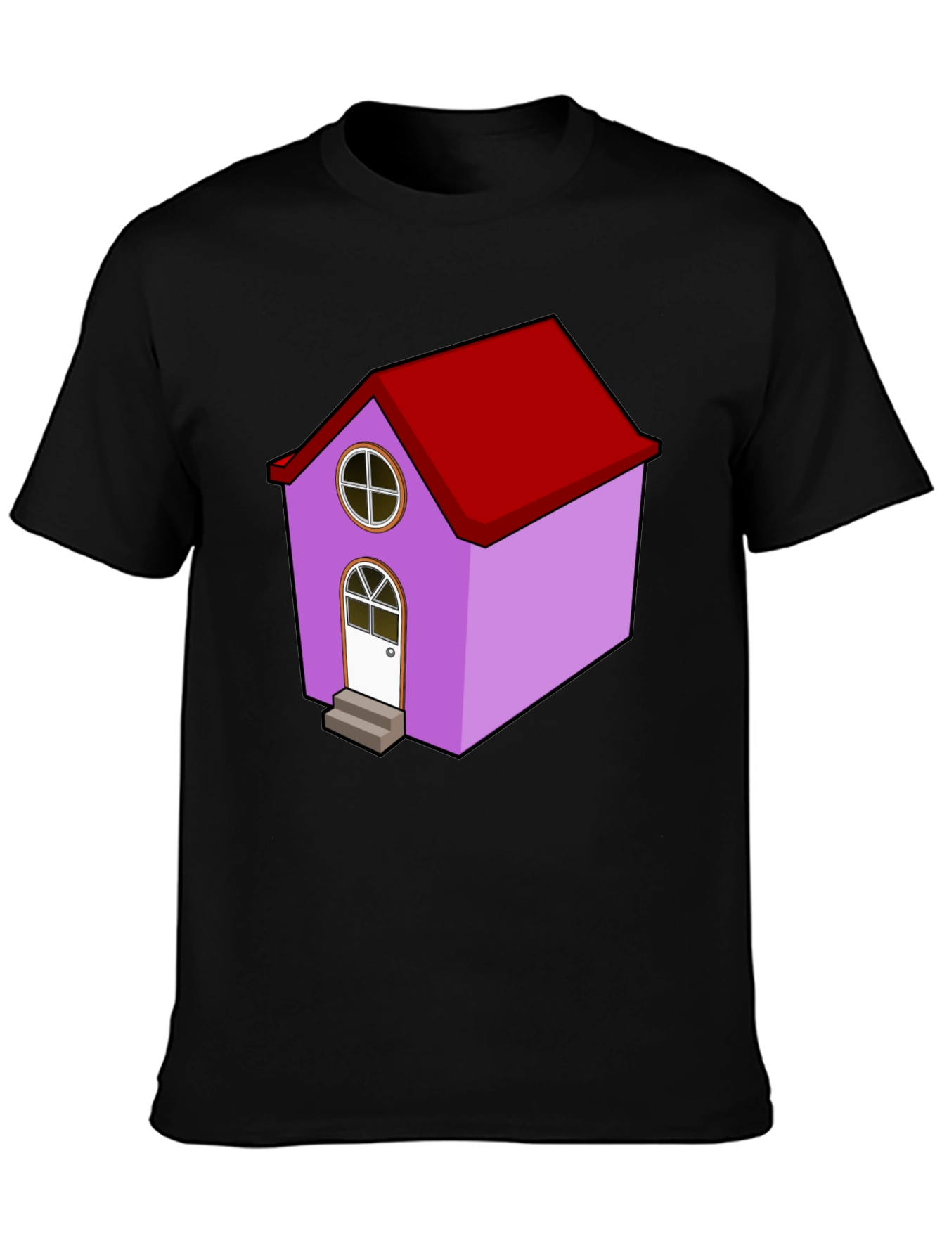 Cartoon House Graphic Tee - Quirky Black T-Shirt