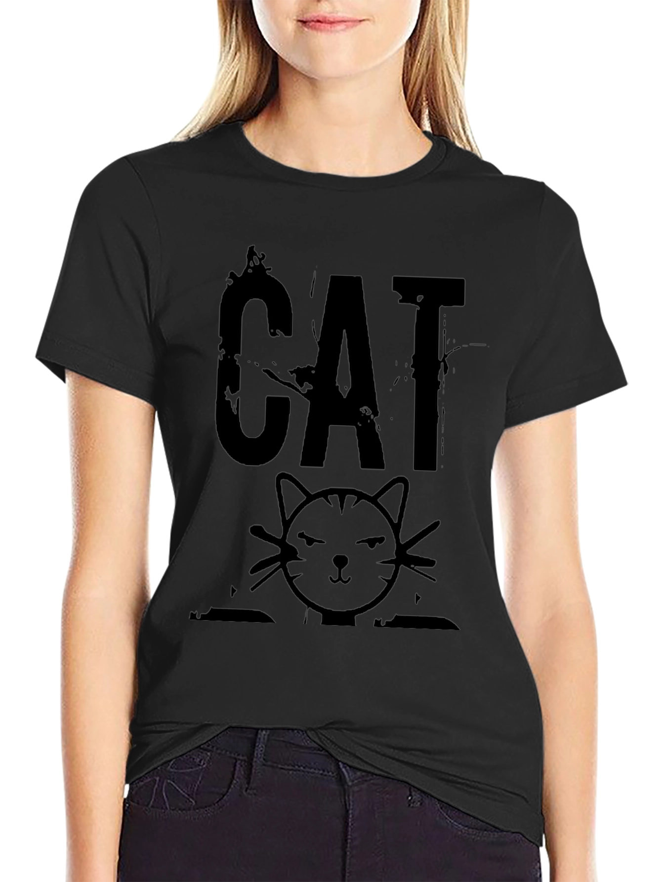 Distressed CAT Graphic Print Mens Black T-Shirt
