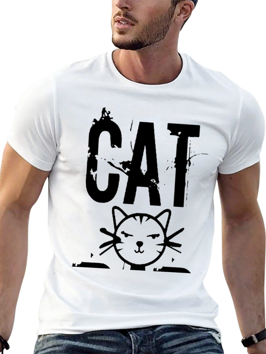 Distressed CAT Graphic Print Mens Black T-Shirt