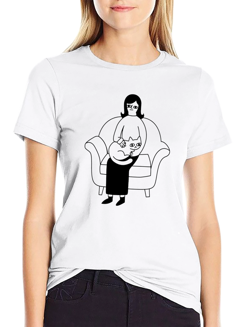 Casual Black T-Shirt with Cat Lady Graphic