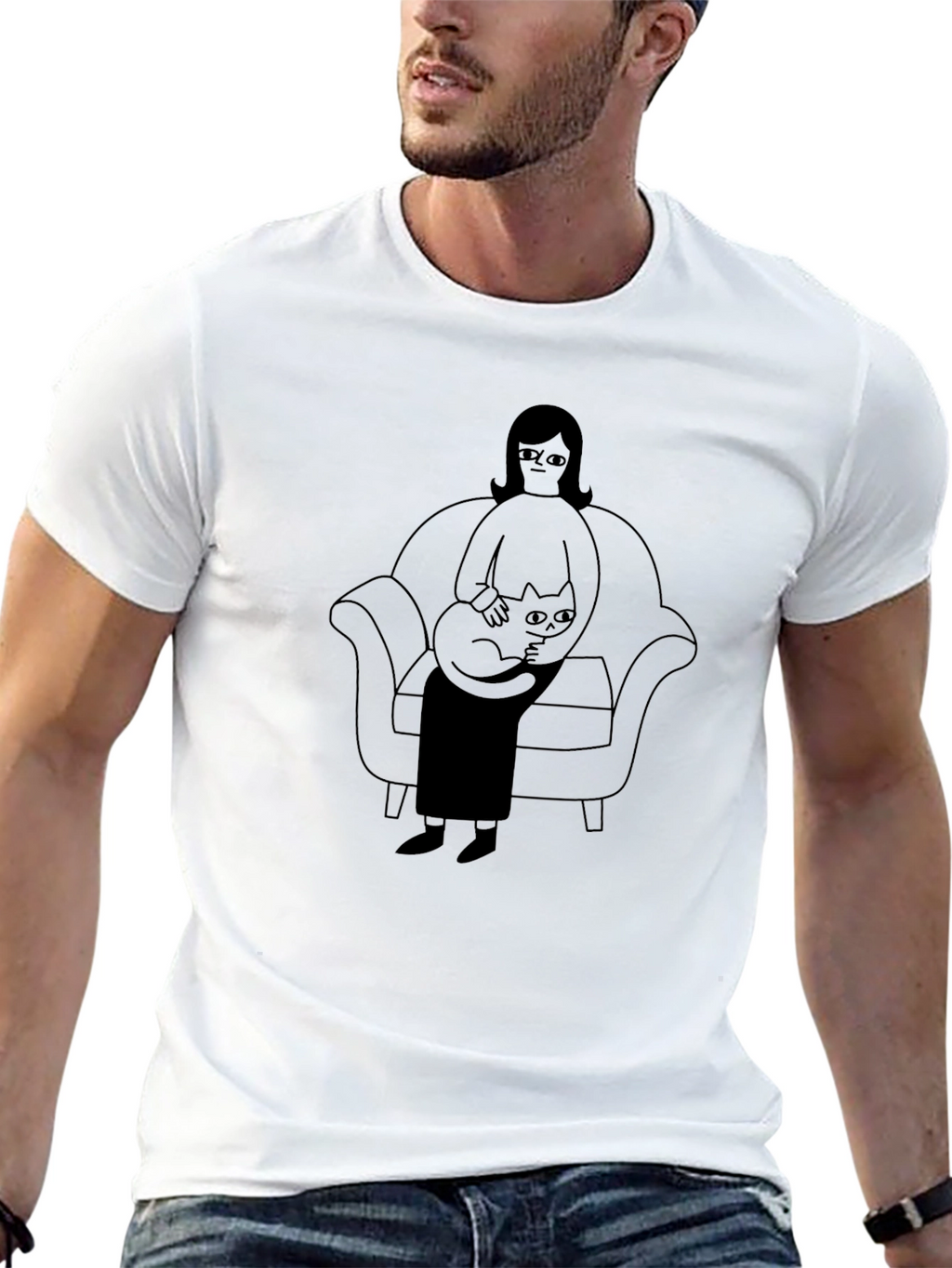 Casual Black T-Shirt with Cat Lady Graphic