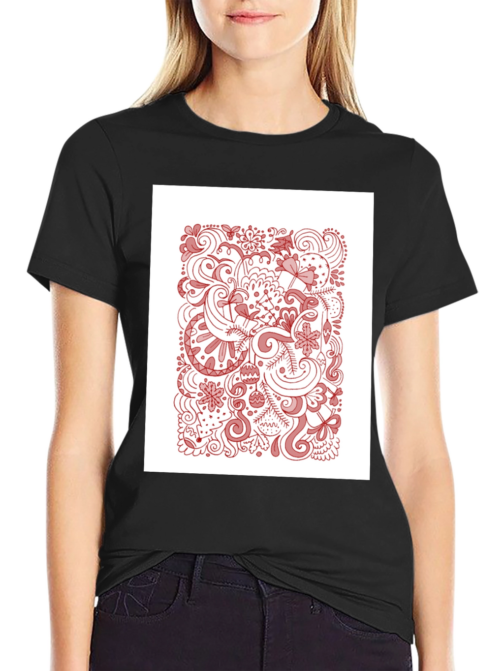 Black T-Shirt with Holiday Doodle Design