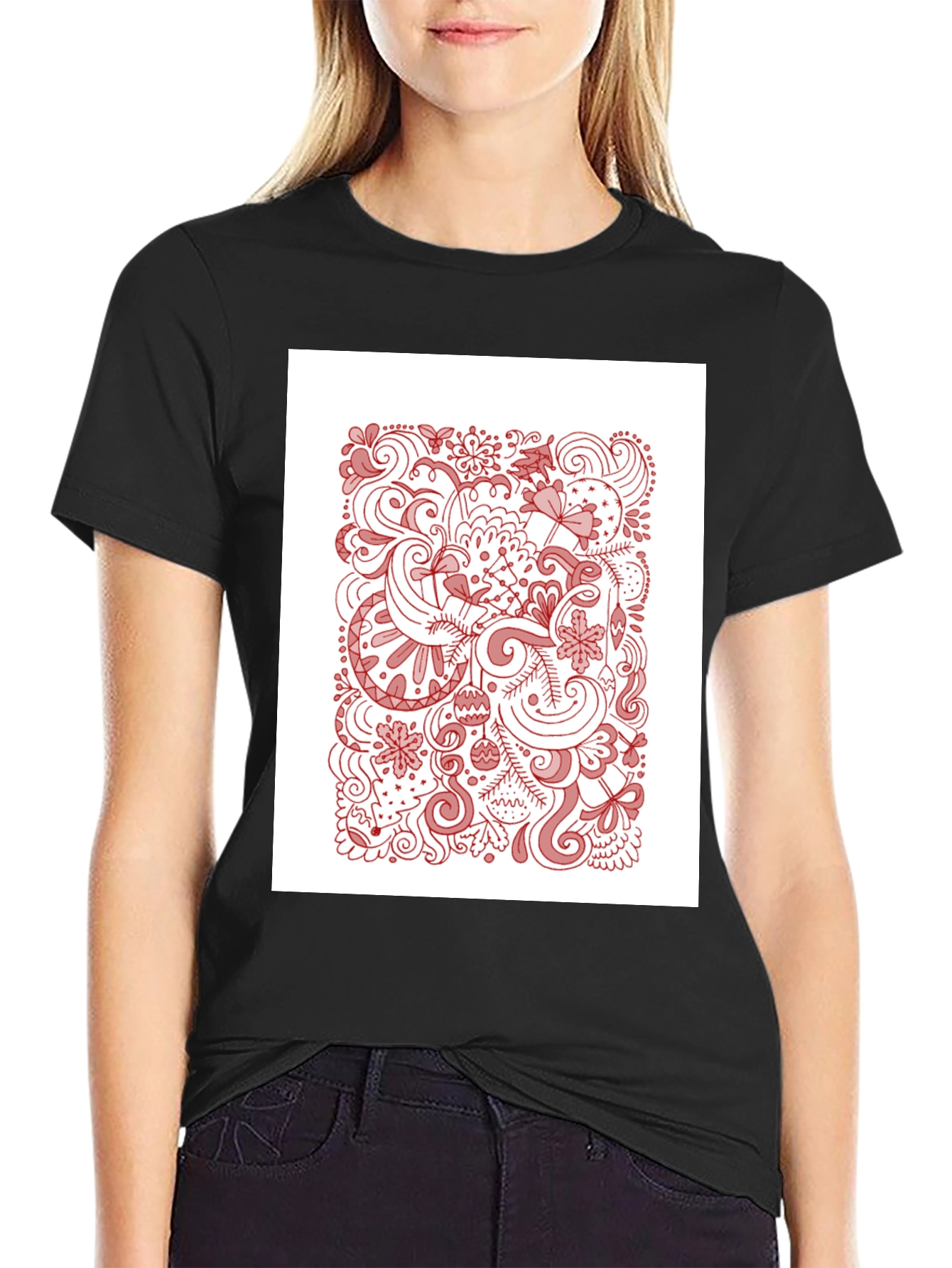 Black T-Shirt with Holiday Doodle Design