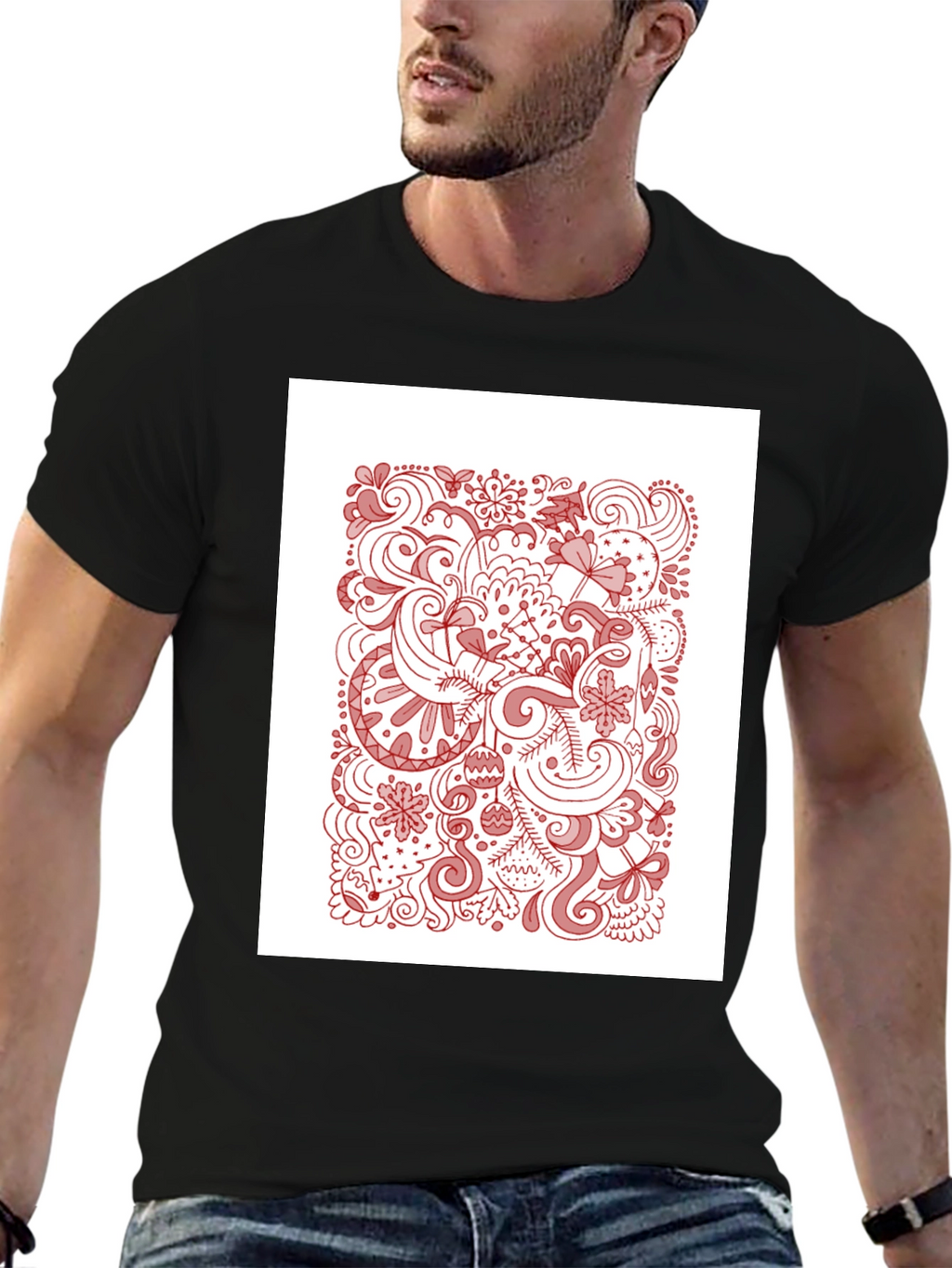 Black T-Shirt with Holiday Doodle Design