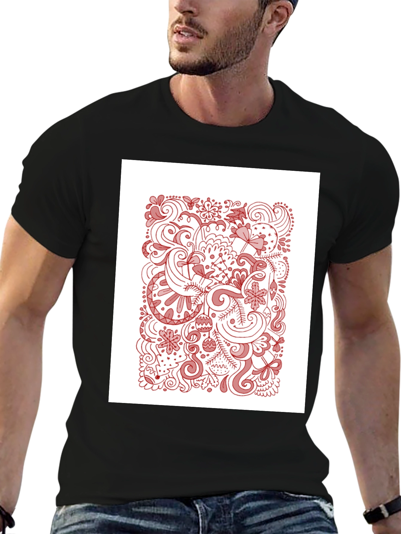 Black T-Shirt with Holiday Doodle Design