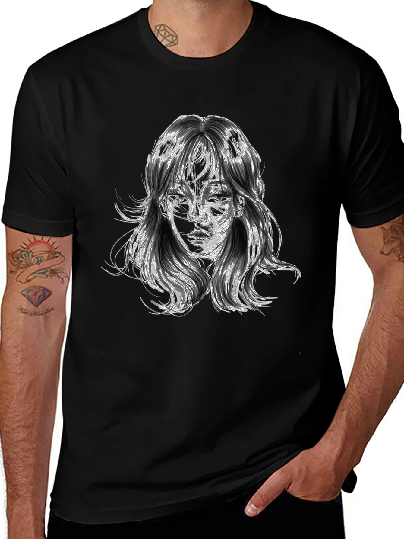 Abstract Portrait Graphic Black T-Shirt