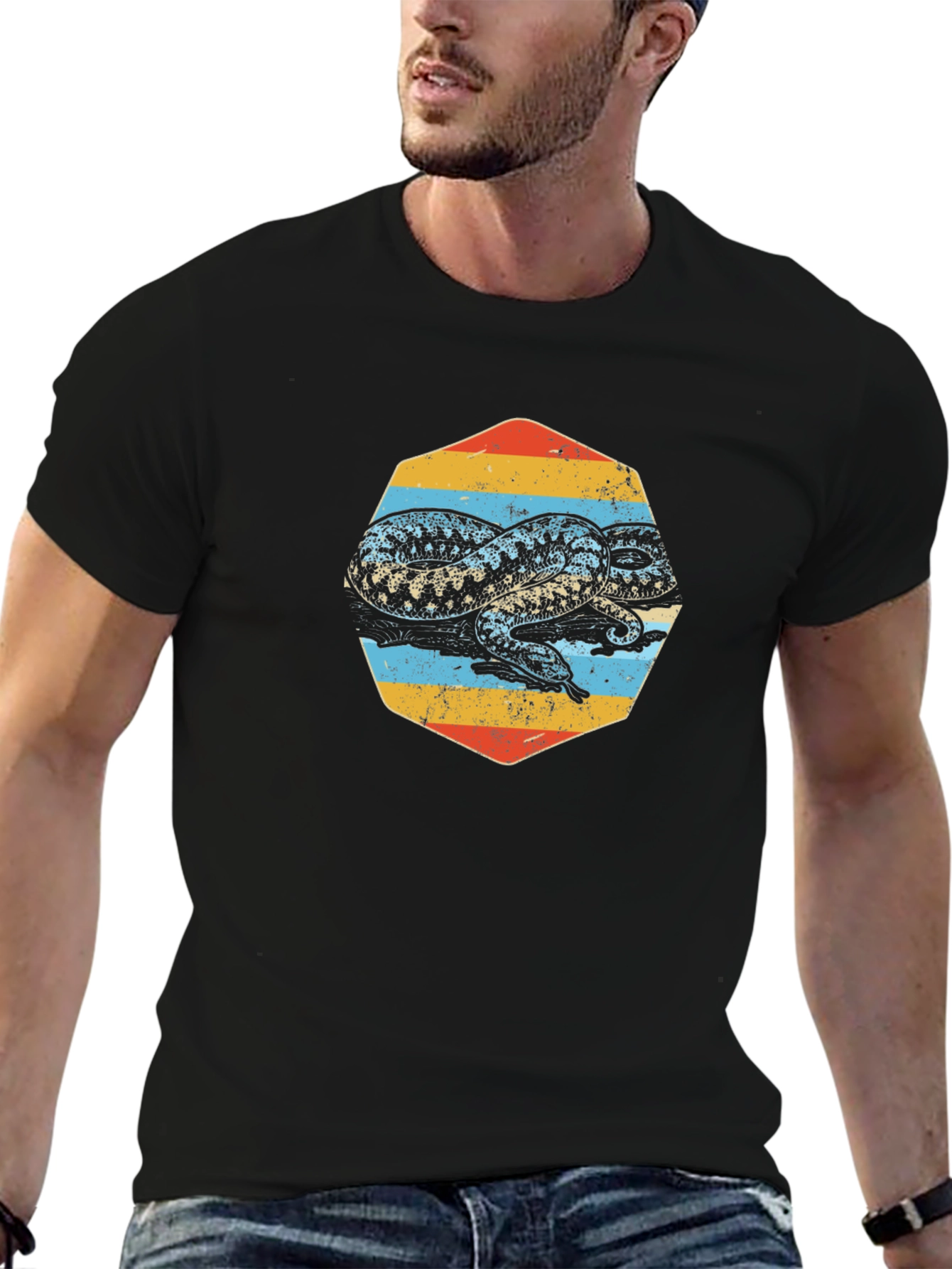 Retro Snake Graphic Tee - Black Cotton T-Shirt