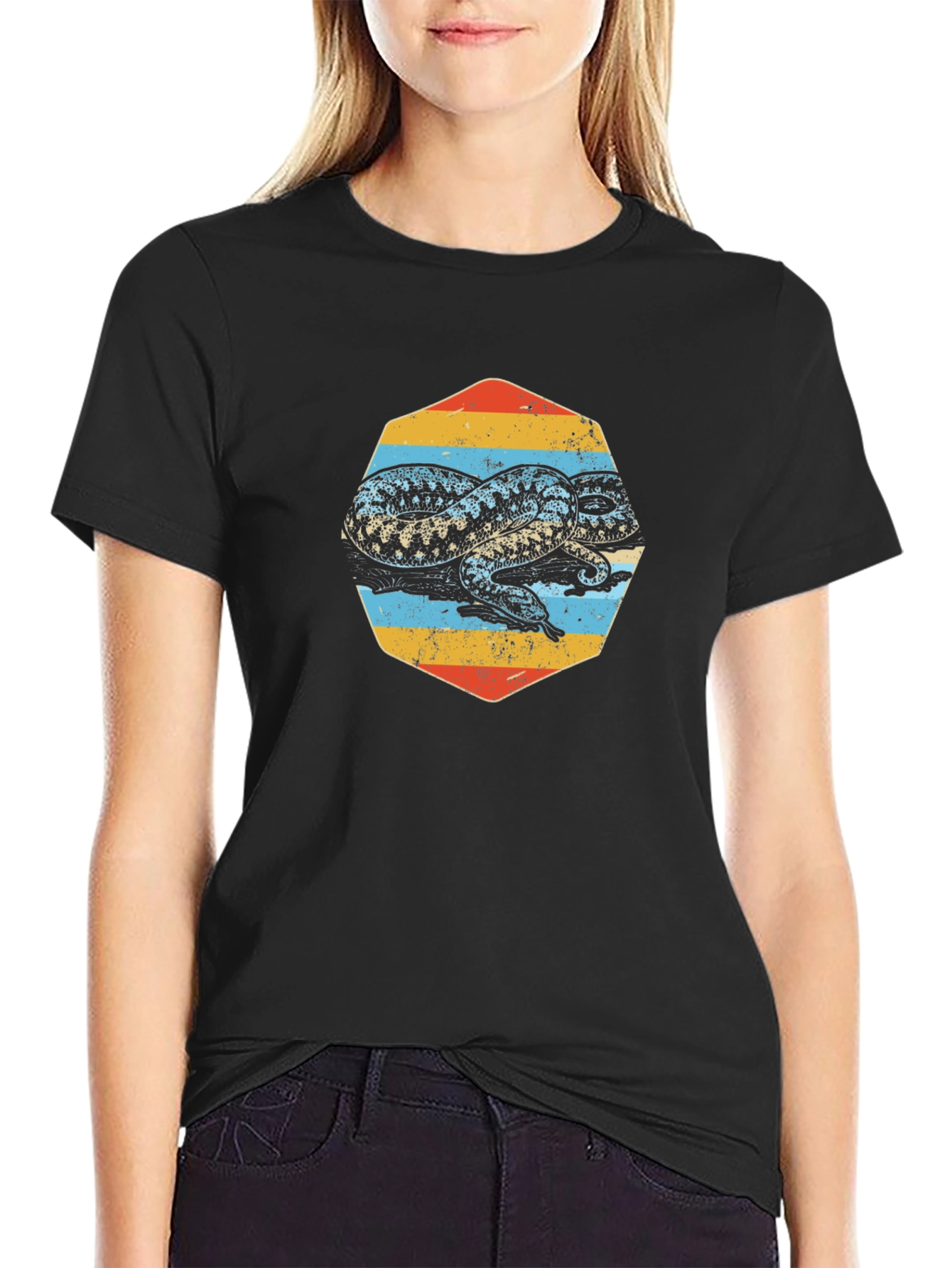 Retro Snake Graphic Tee - Black Cotton T-Shirt
