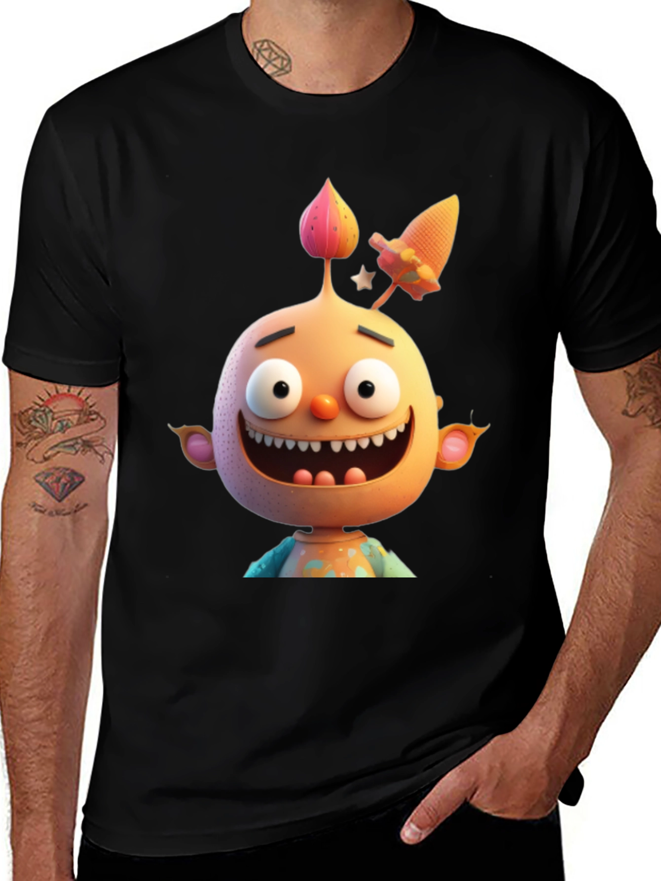 Cartoon Character Graphic Tee - Mens Black T-Shirt