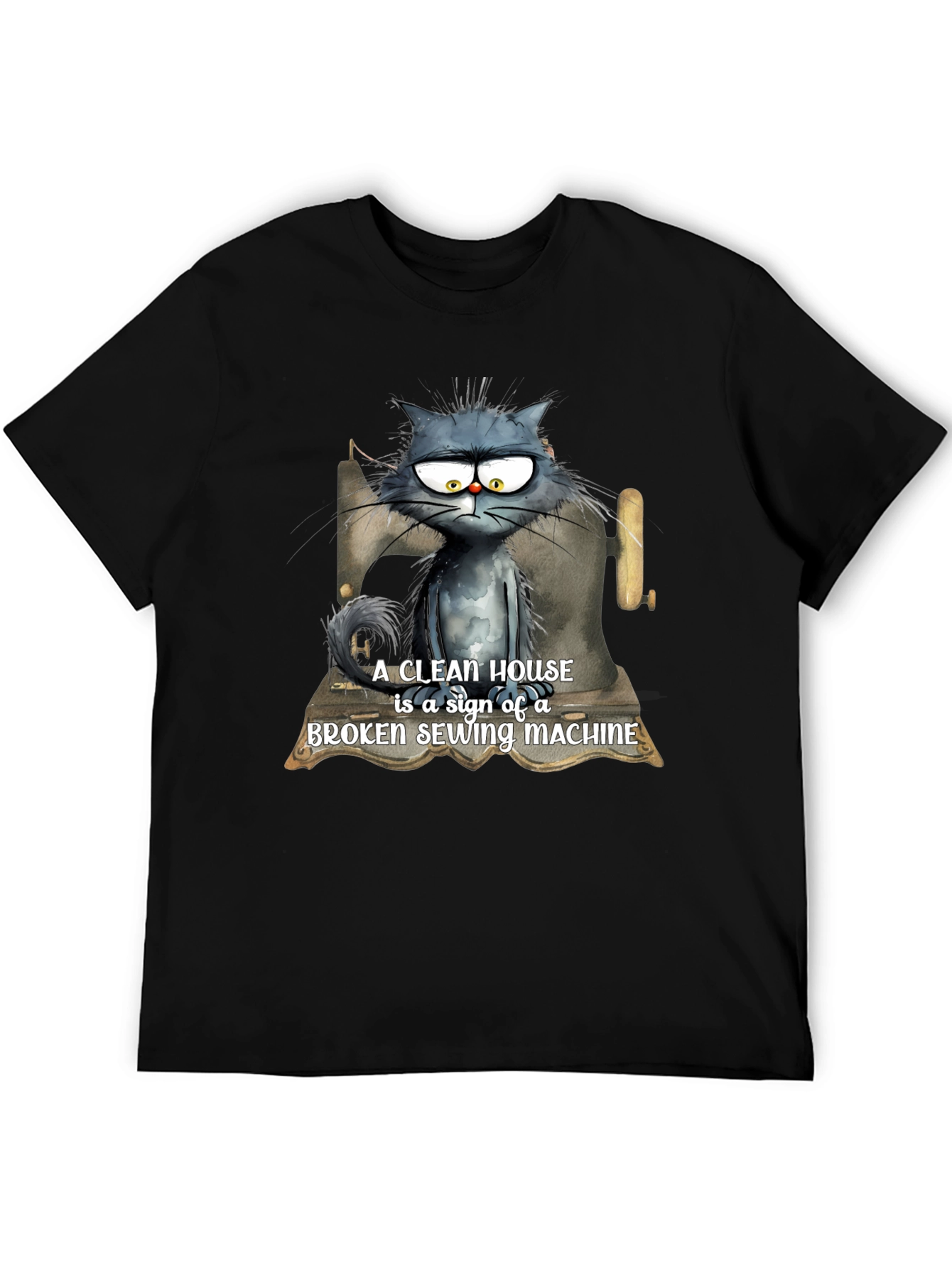Cat & Sewing Machine T-Shirt - Humorous Design