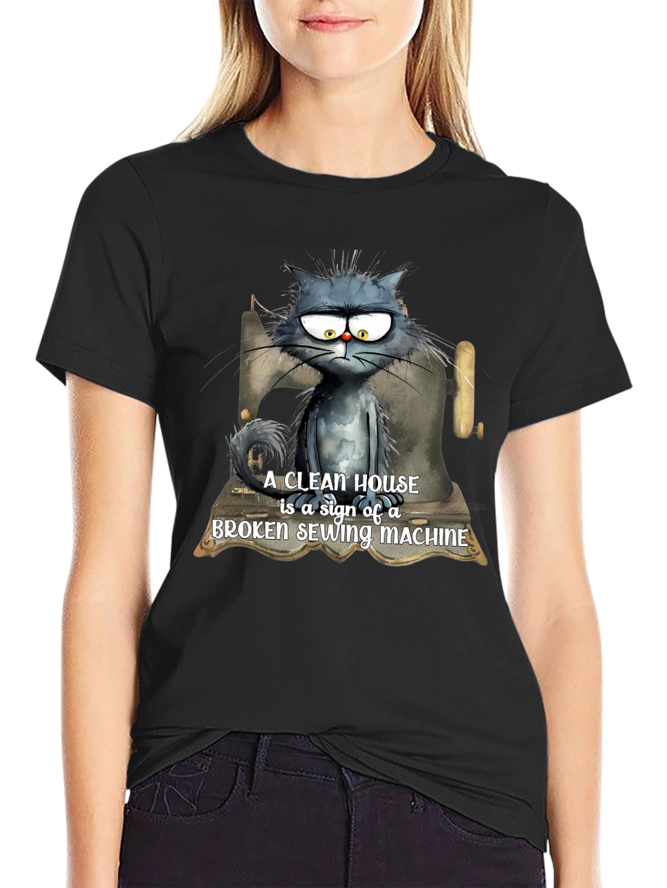Cat & Sewing Machine T-Shirt - Humorous Design