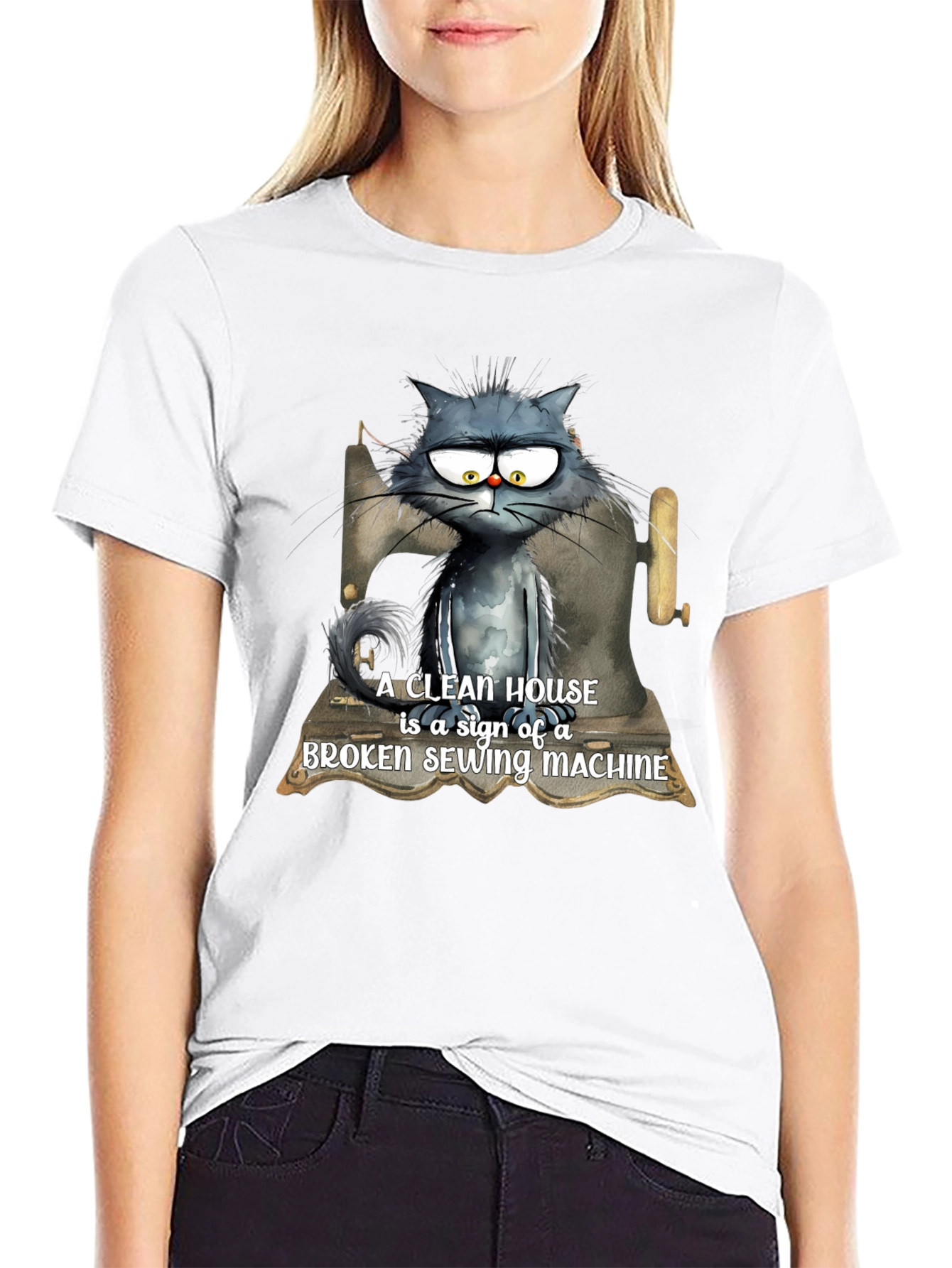 Cat & Sewing Machine T-Shirt - Humorous Design