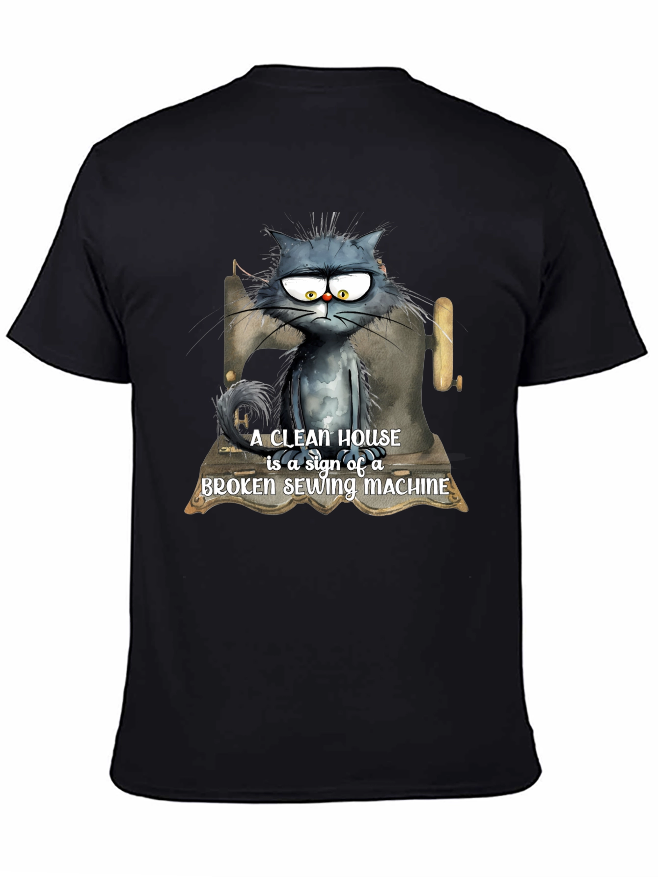 Cat & Sewing Machine T-Shirt - Humorous Design