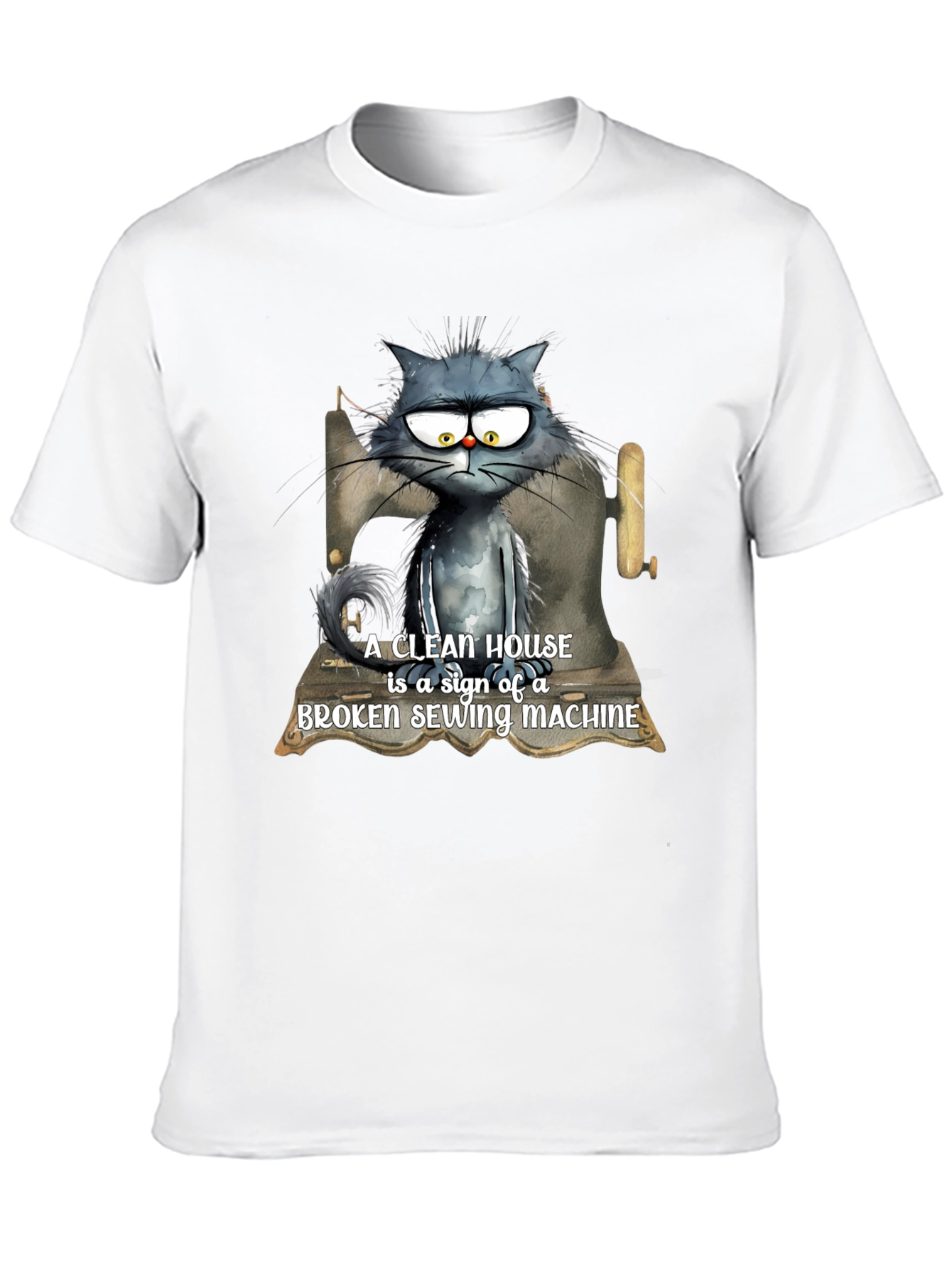 Cat & Sewing Machine T-Shirt - Humorous Design