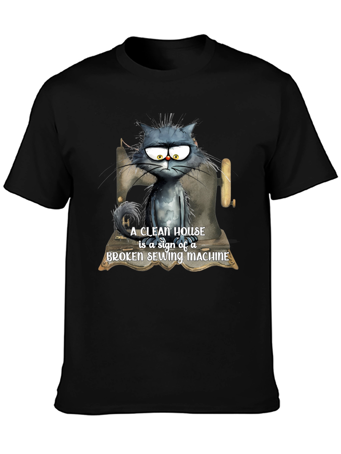Cat & Sewing Machine T-Shirt - Humorous Design