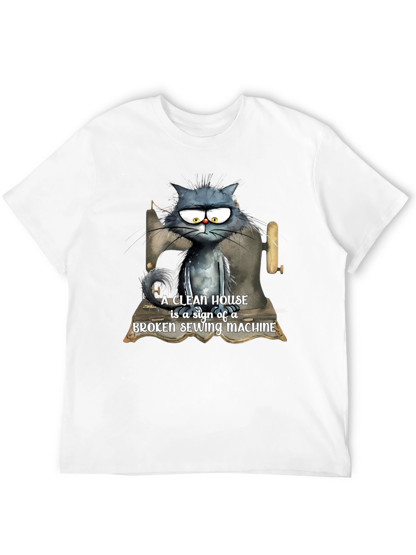 Cat & Sewing Machine T-Shirt - Humorous Design