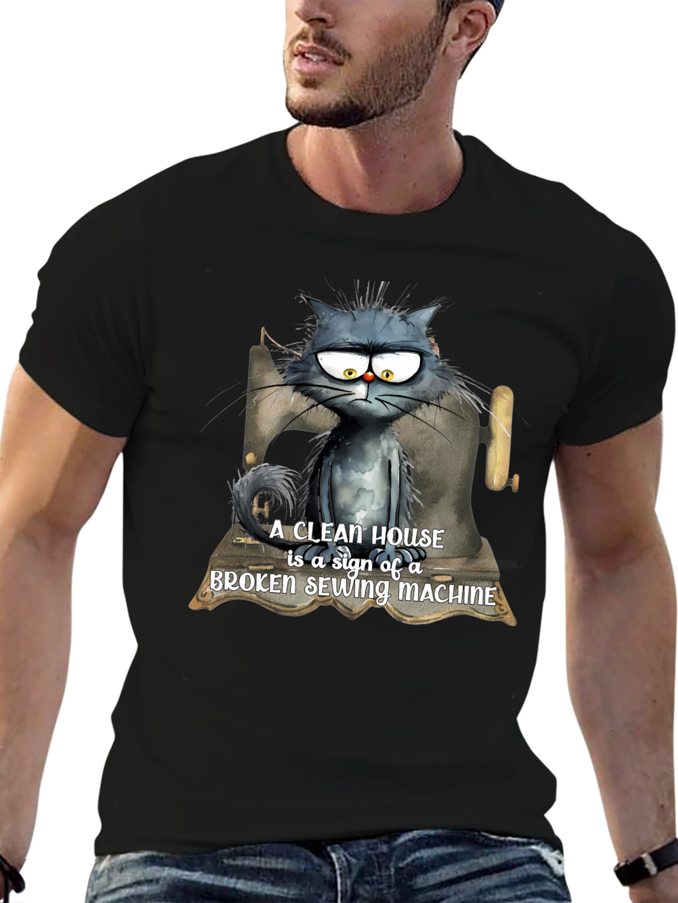 Cat & Sewing Machine T-Shirt - Humorous Design