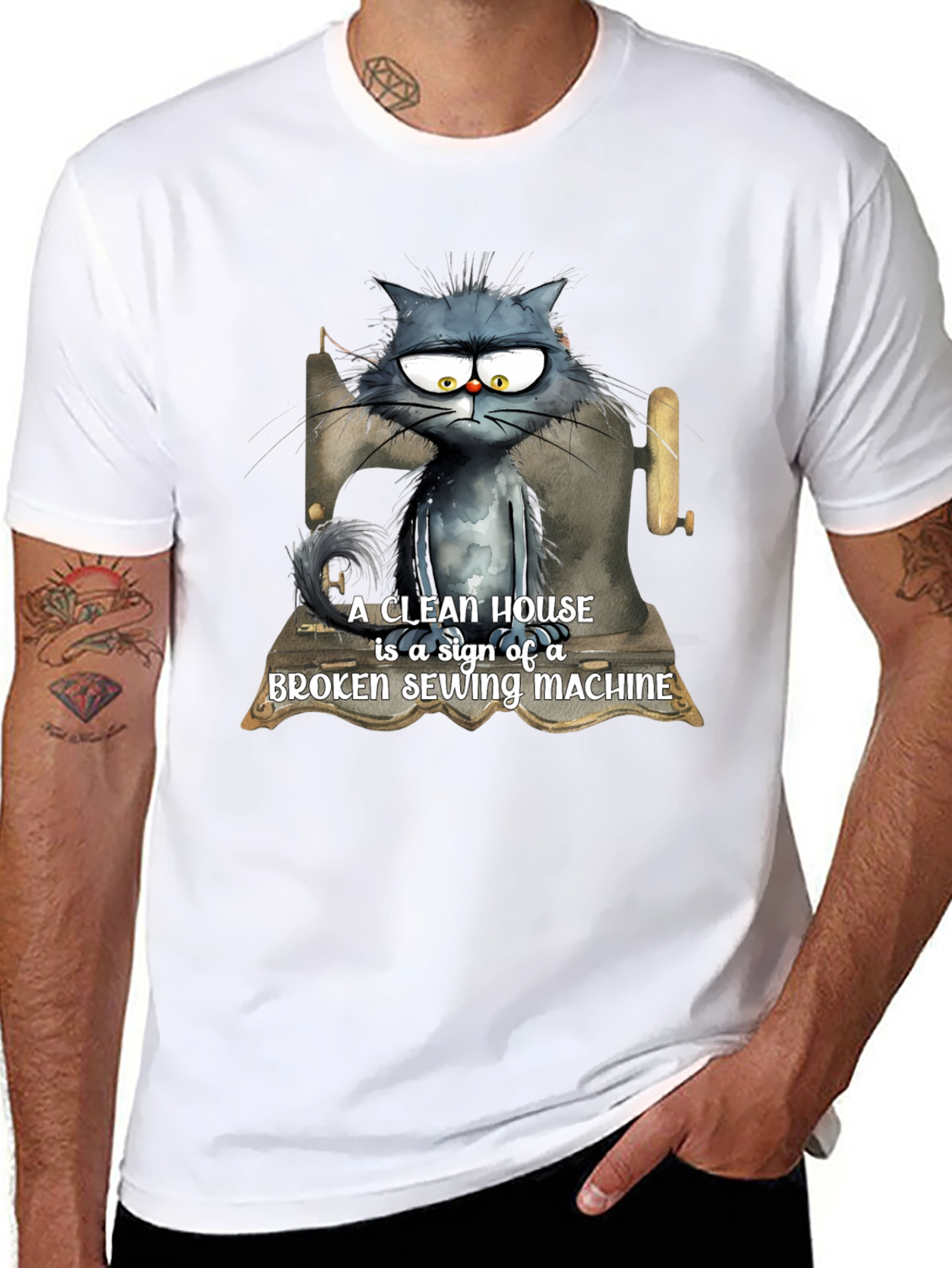 Cat & Sewing Machine T-Shirt - Humorous Design