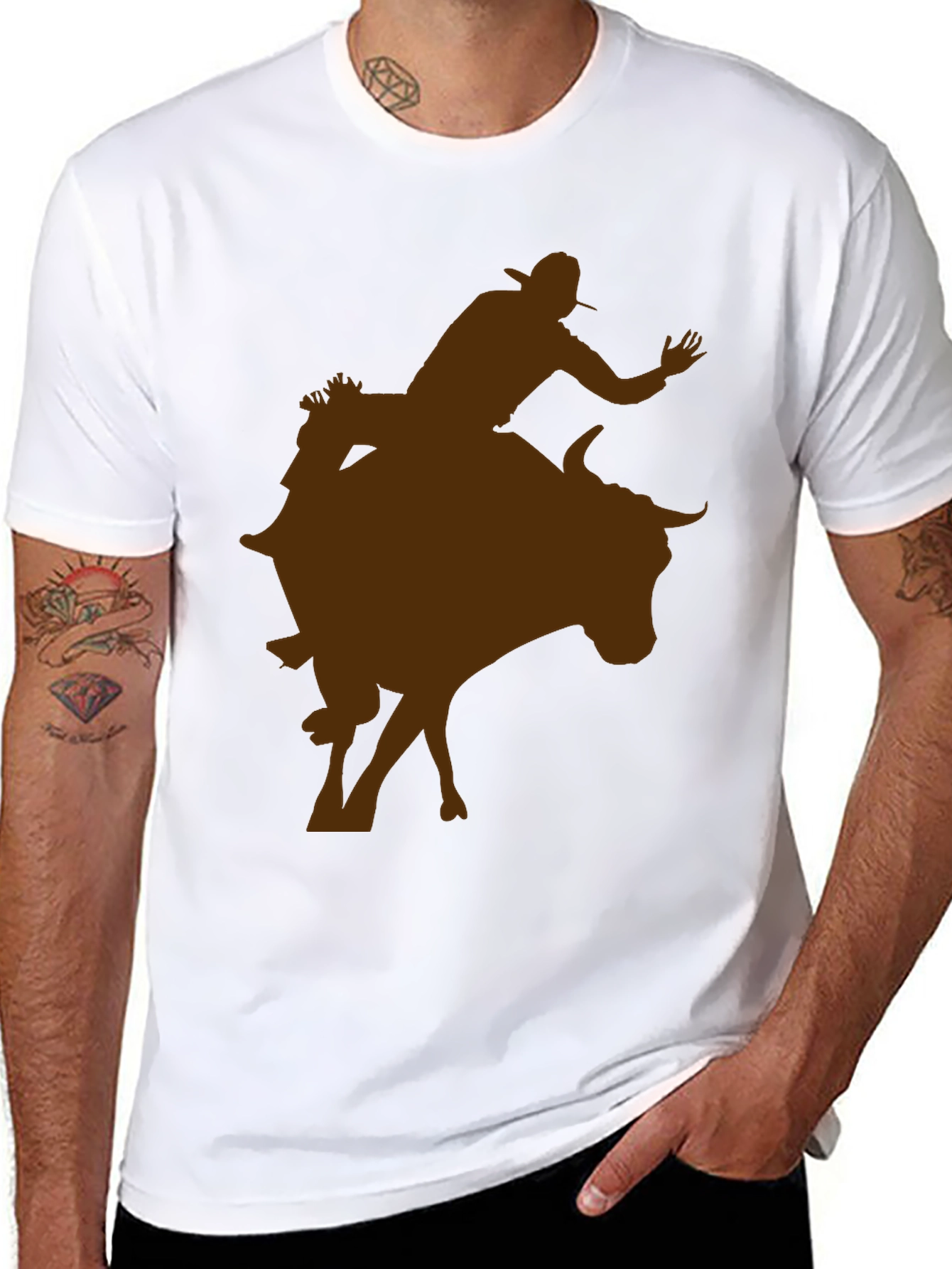 Cowboy Riding Bull Silhouette Tee - Black