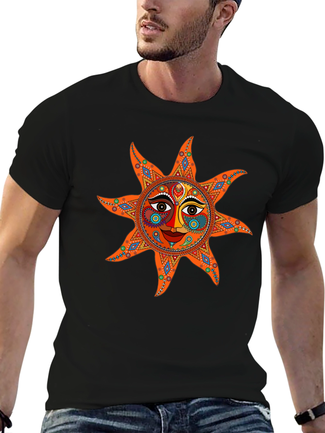 Unique Sun Graphic Tee - Black Cotton Blend