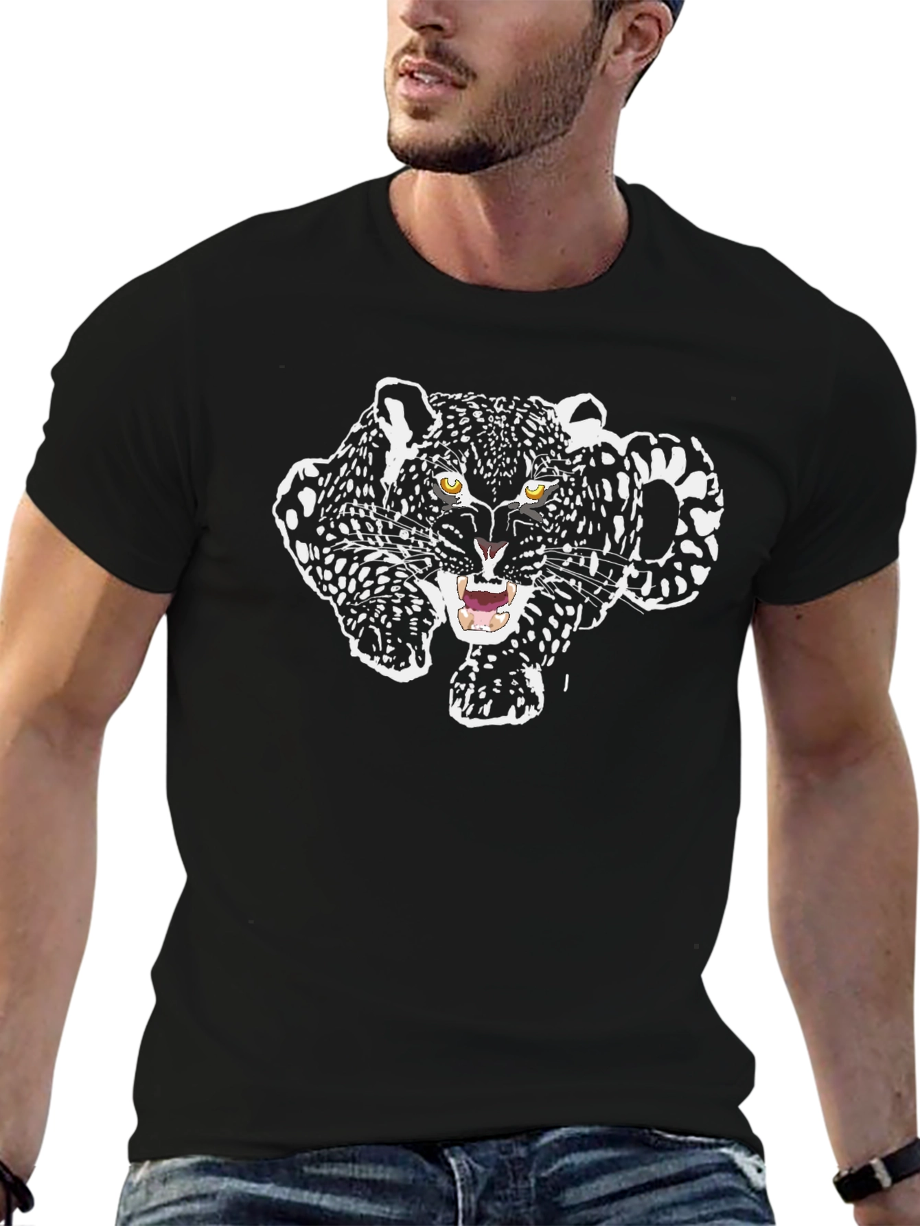 Black T-Shirt with Jaguar Graphic Print