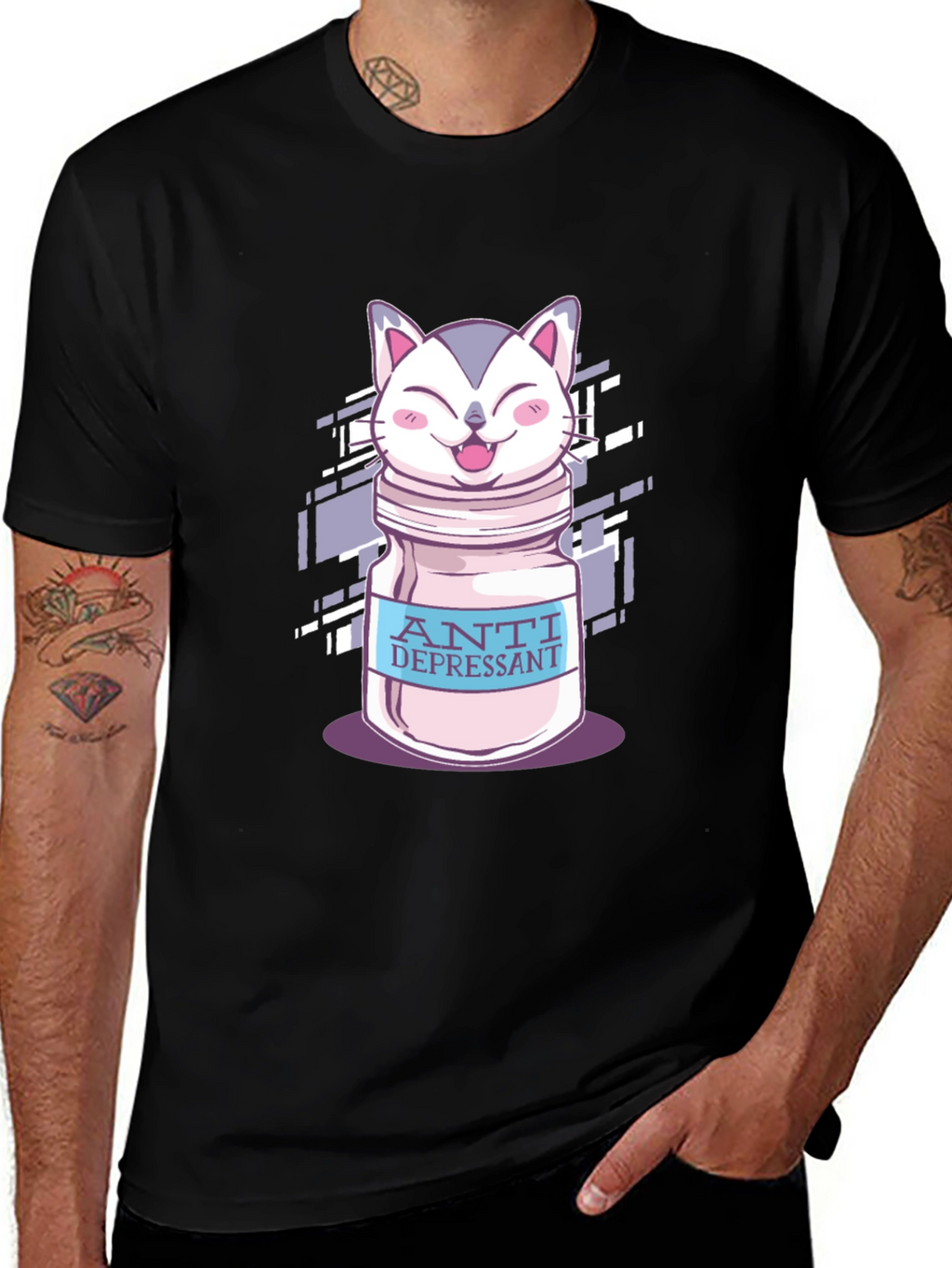 Anti-Depressant Cat T-Shirt - Black Cotton