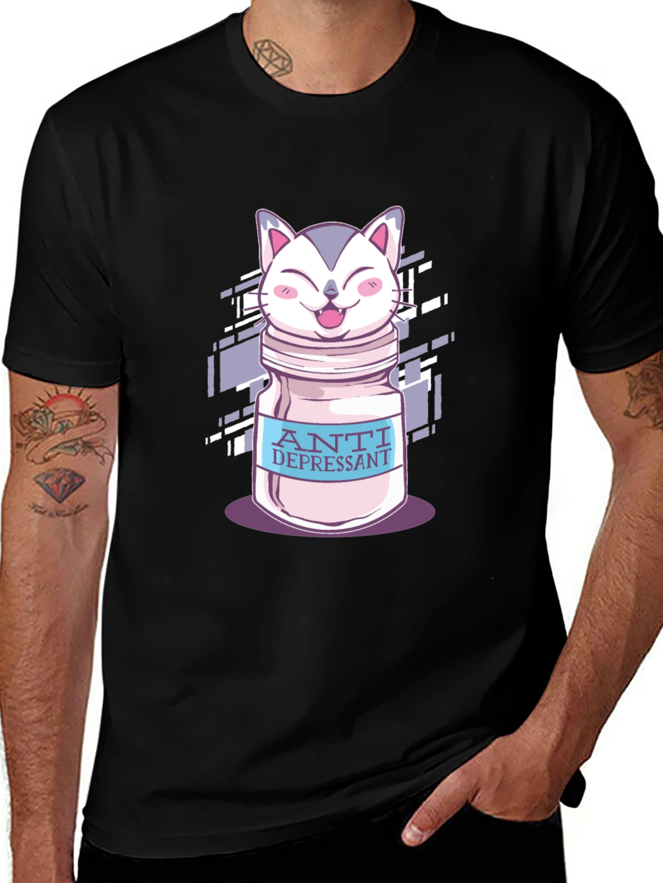 Anti-Depressant Cat T-Shirt - Black Cotton