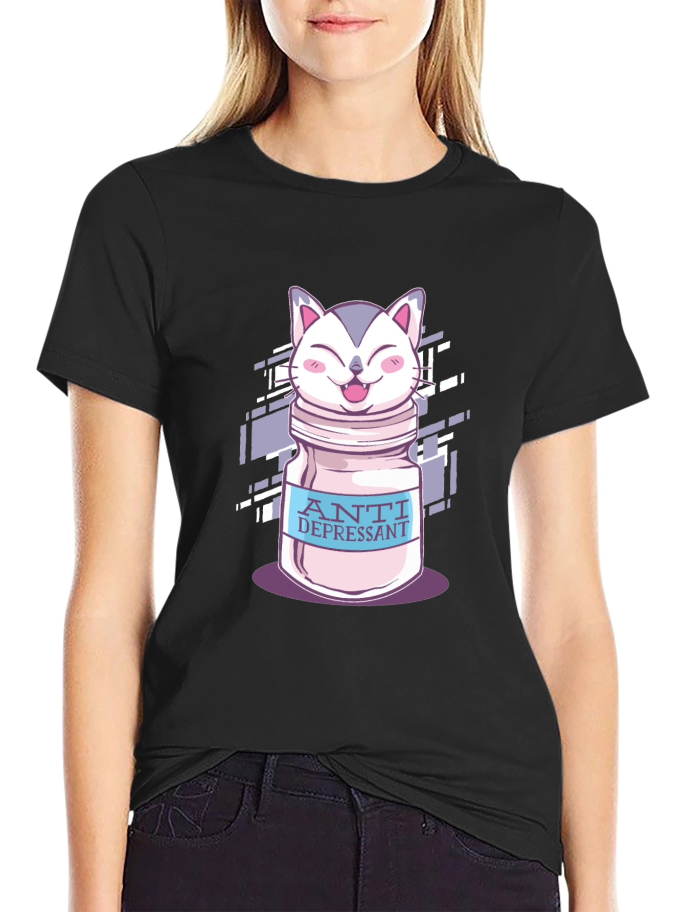 Anti-Depressant Cat T-Shirt - Black Cotton