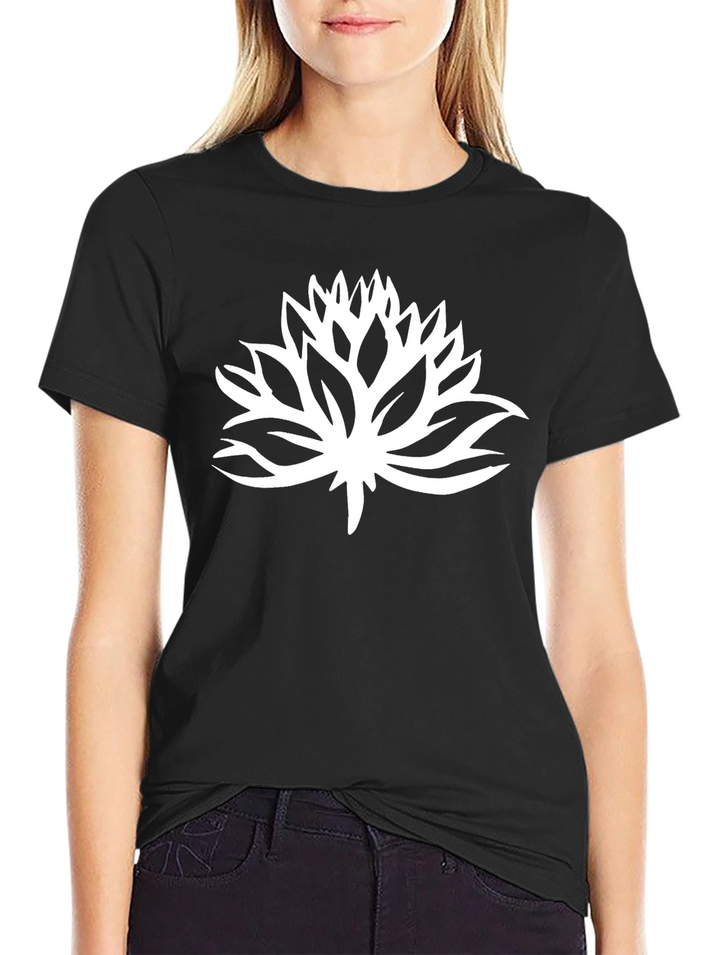 Black T-Shirt with White Lotus Flower Graphic