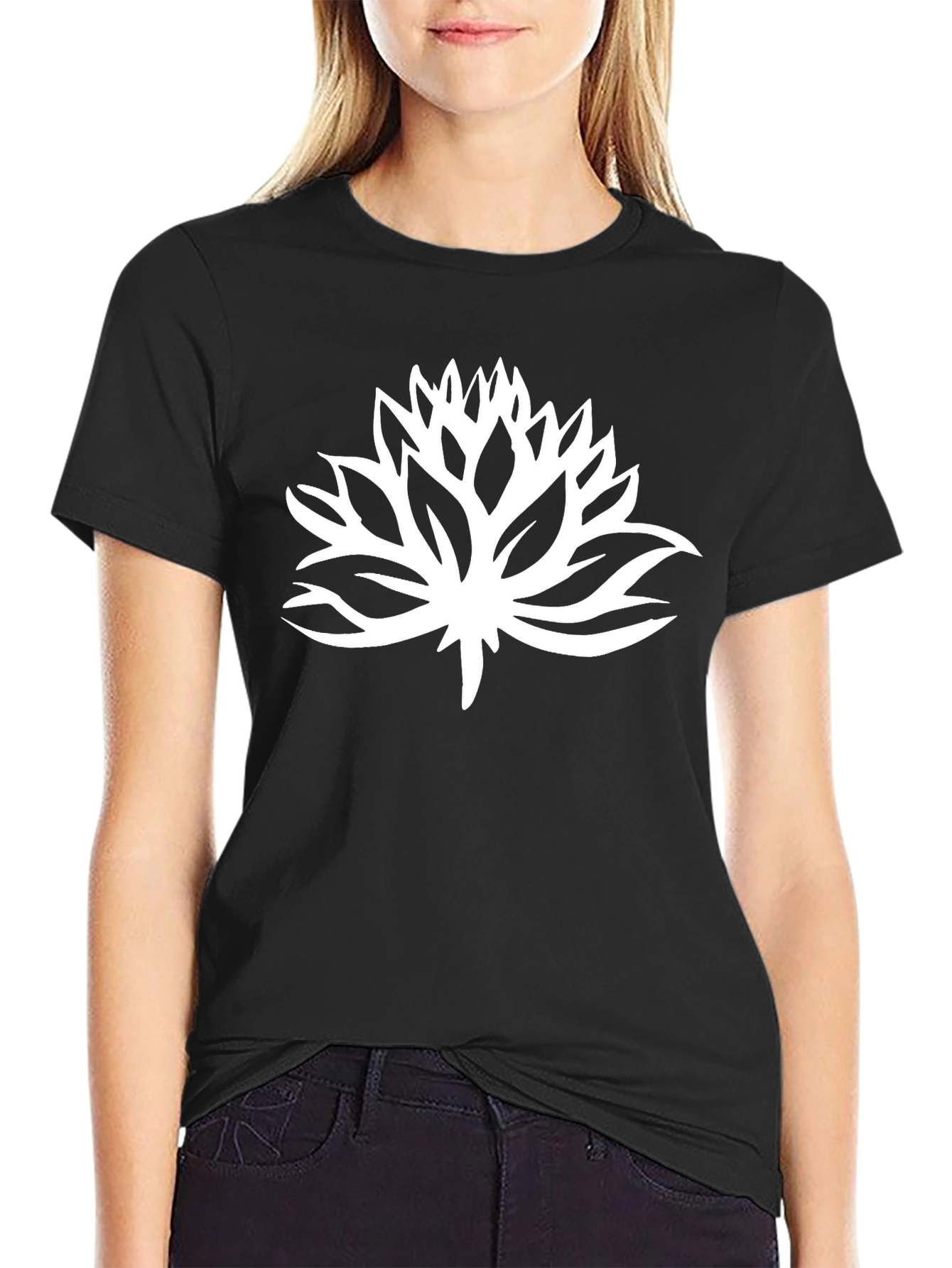 Black T-Shirt with White Lotus Flower Graphic