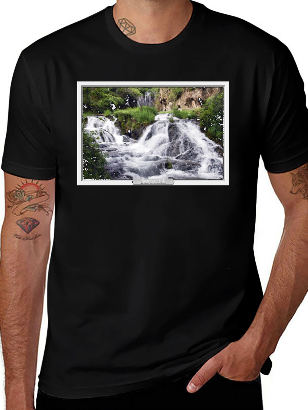 Black T-Shirt with Waterfall Graphic