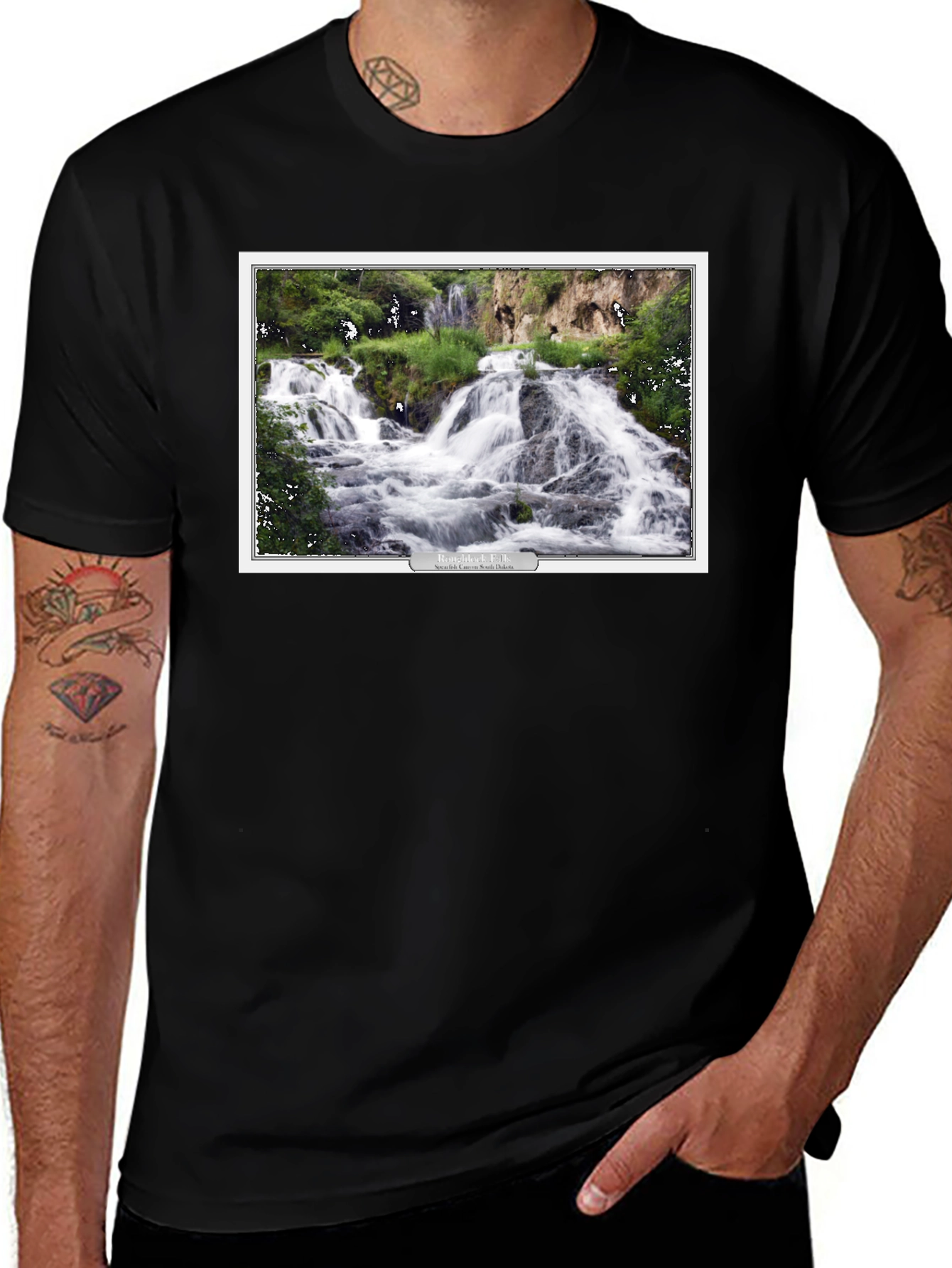 Black T-Shirt with Waterfall Graphic