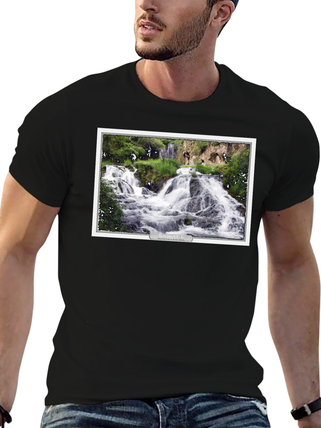 Black T-Shirt with Waterfall Graphic