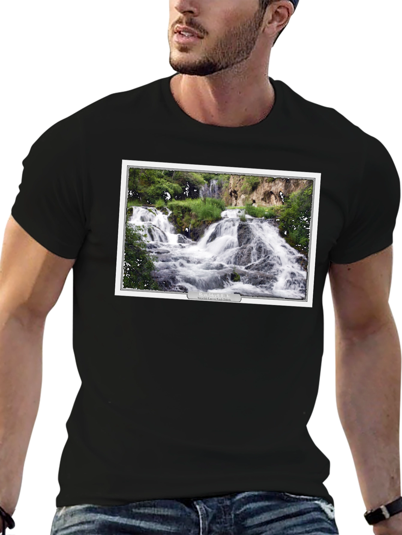 Black T-Shirt with Waterfall Graphic