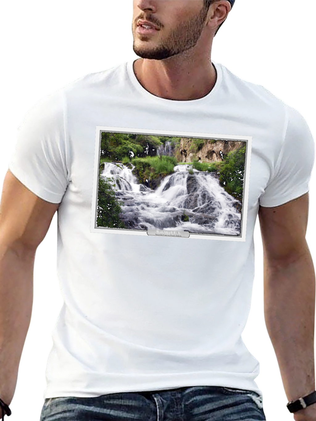 Black T-Shirt with Waterfall Graphic