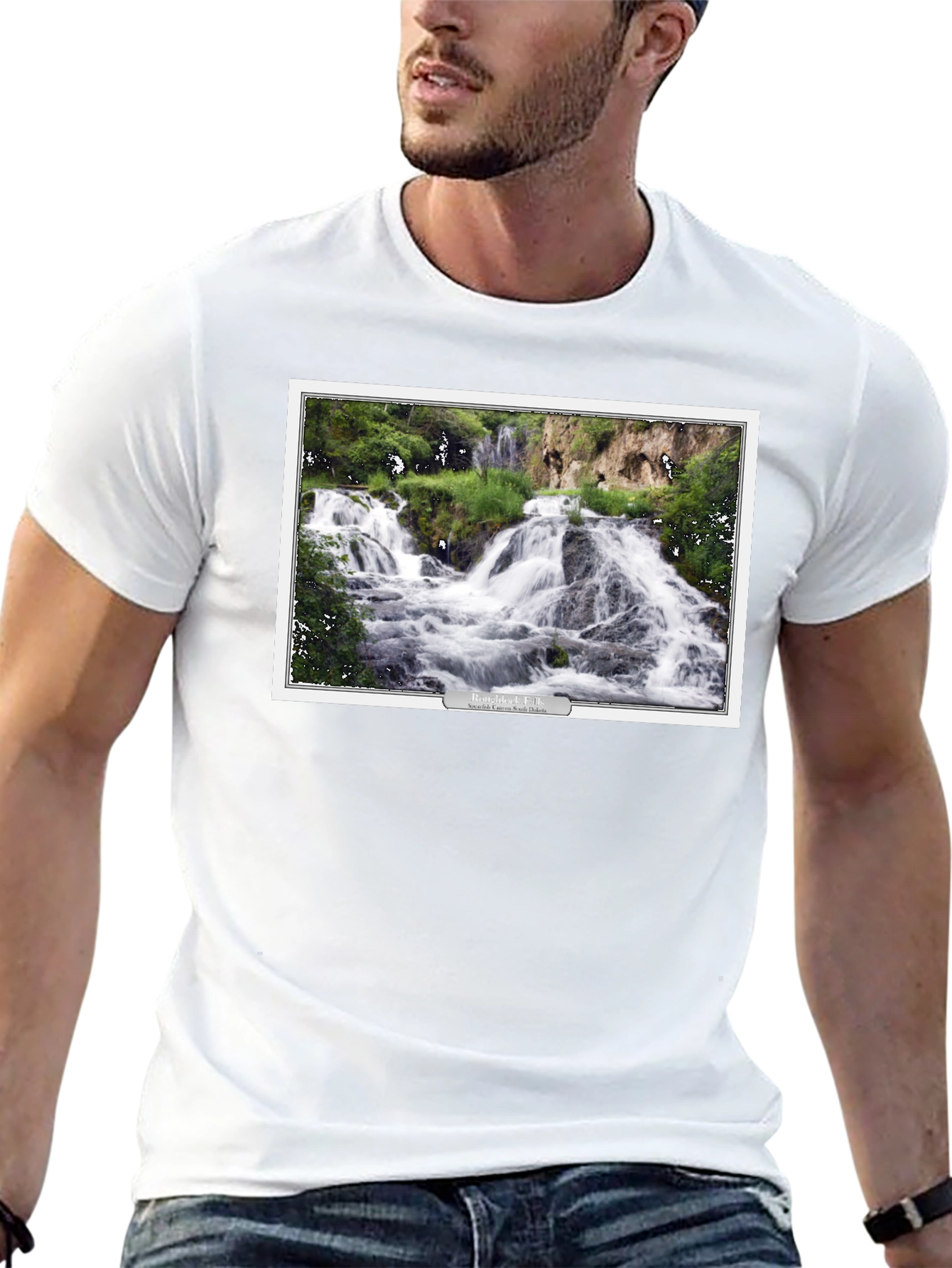 Black T-Shirt with Waterfall Graphic