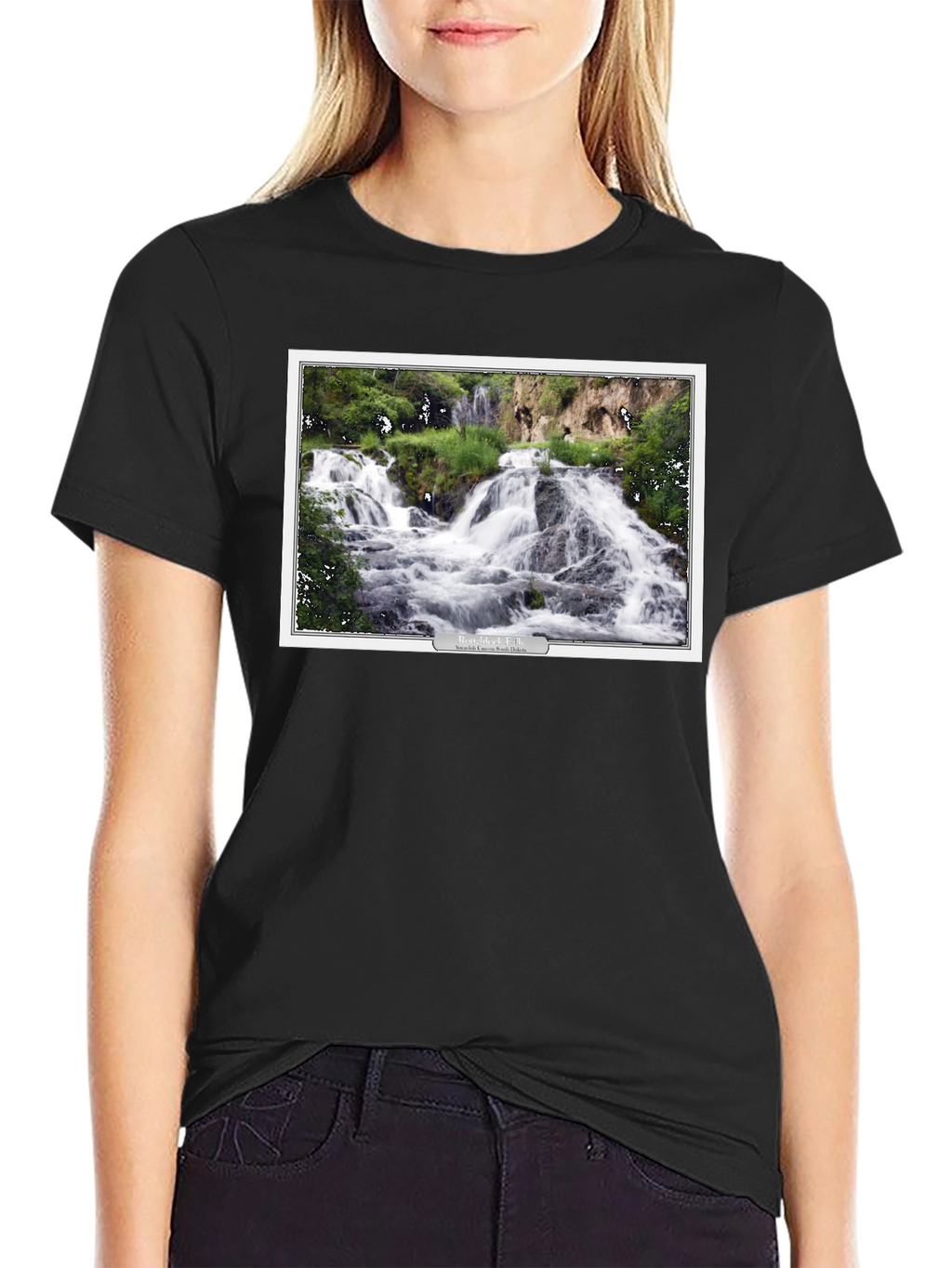 Black T-Shirt with Waterfall Graphic