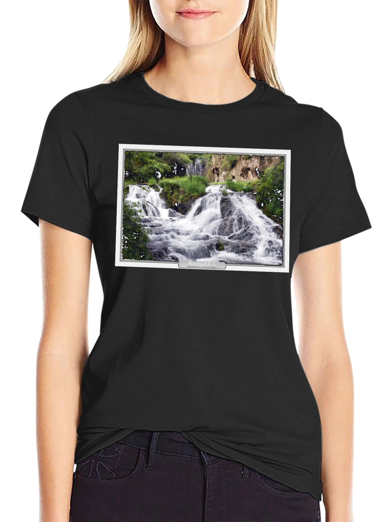 Black T-Shirt with Waterfall Graphic