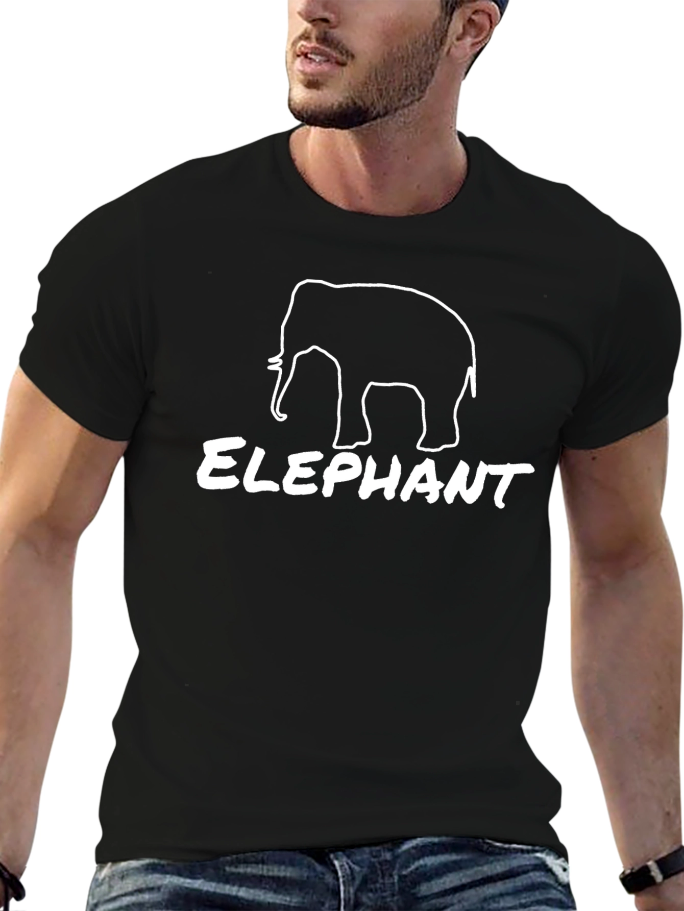 Elephant Outline Graphic Tee - Black Cotton T-Shirt