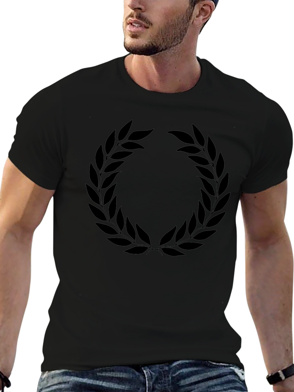 Black T-Shirt with Laurel Wreath Design