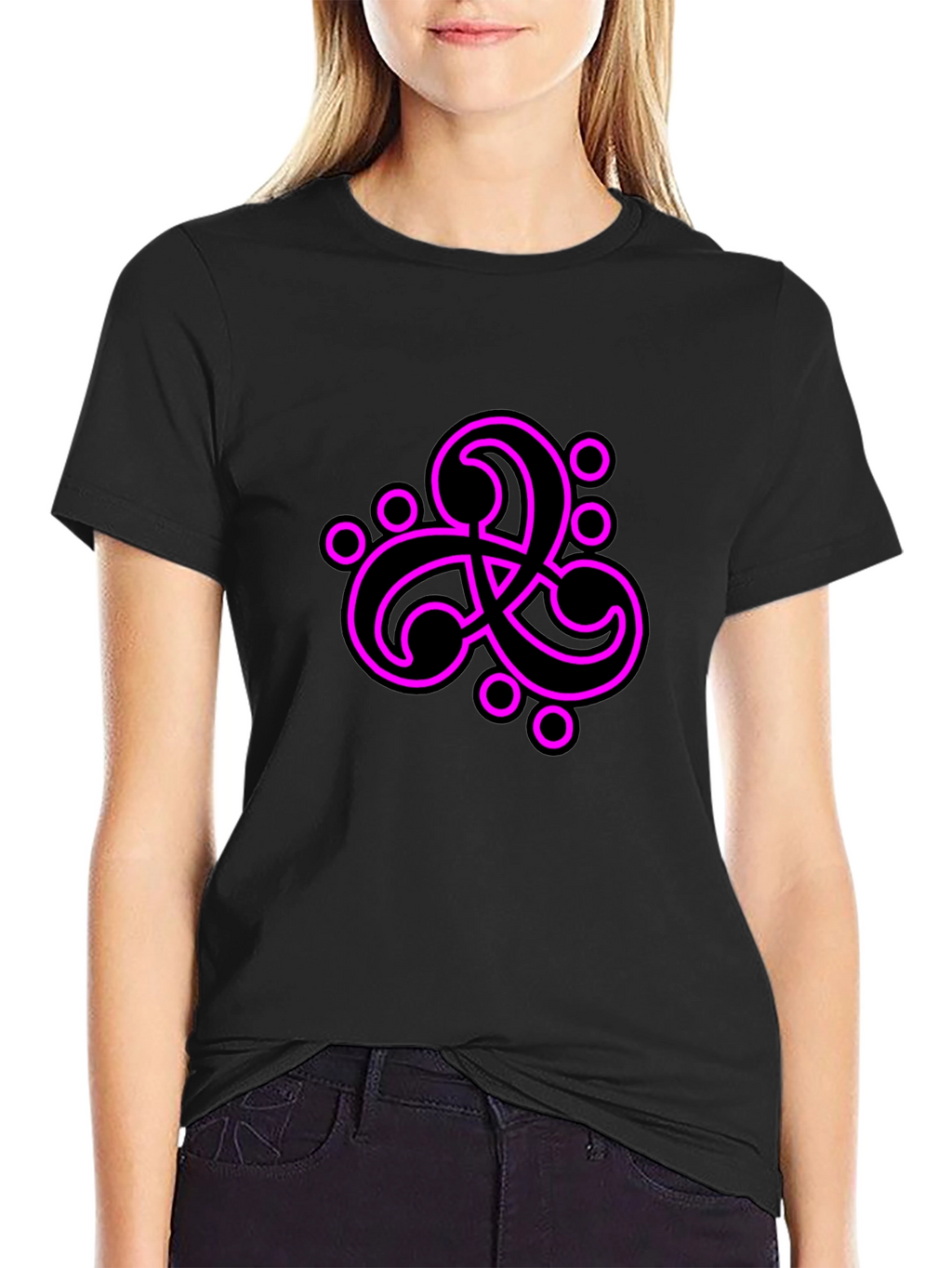 Black T-Shirt with Abstract Neon Pink Design