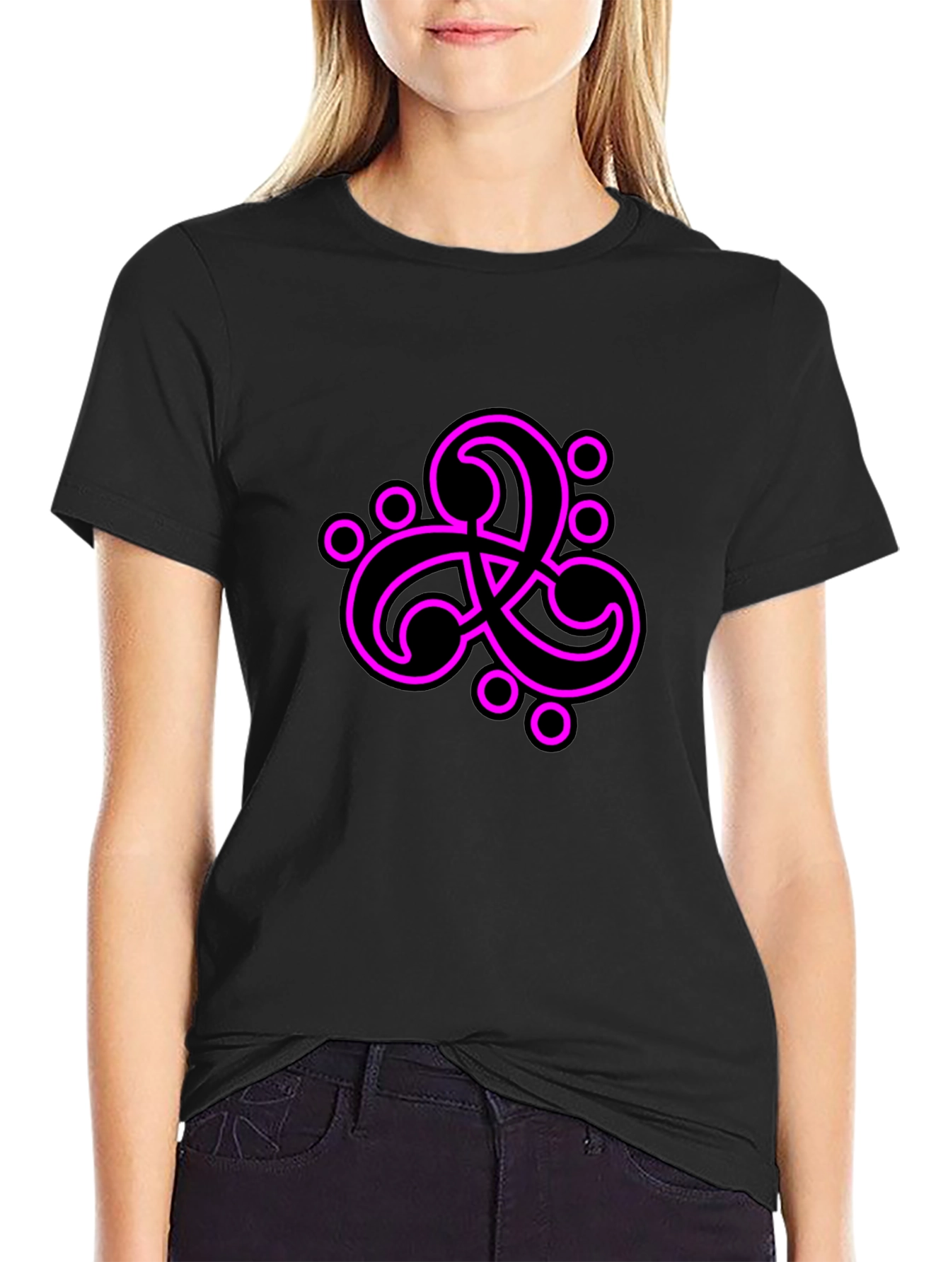 Black T-Shirt with Abstract Neon Pink Design