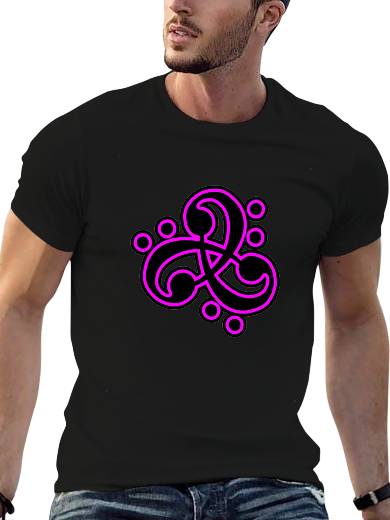 Black T-Shirt with Abstract Neon Pink Design